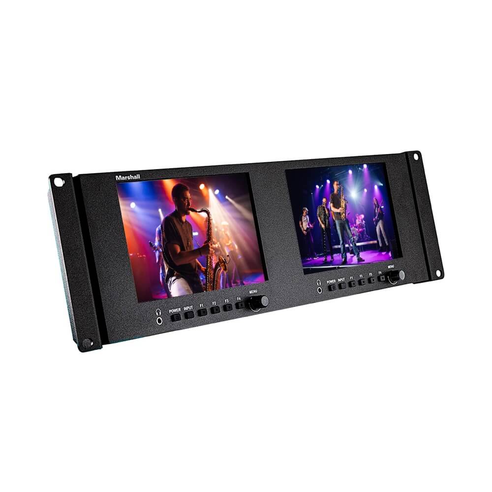 Marshall V-702W-12G-V2 - Dual 7" 4K Rack Monitor with 12G-SDI & HDMI, angle