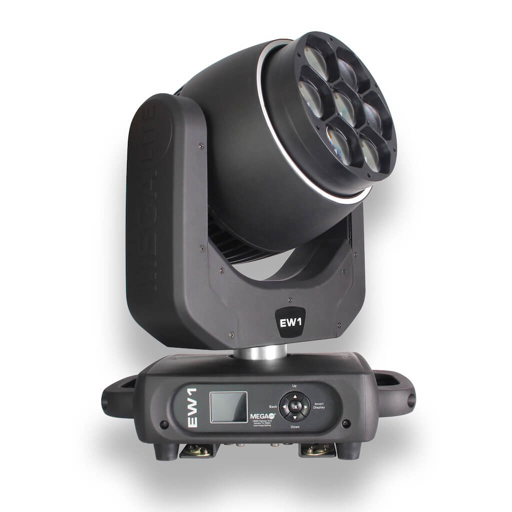 Mega-Lite EW1 - LED Moving Head Wash Fixture with Pixable Halo Ring, front left angle down