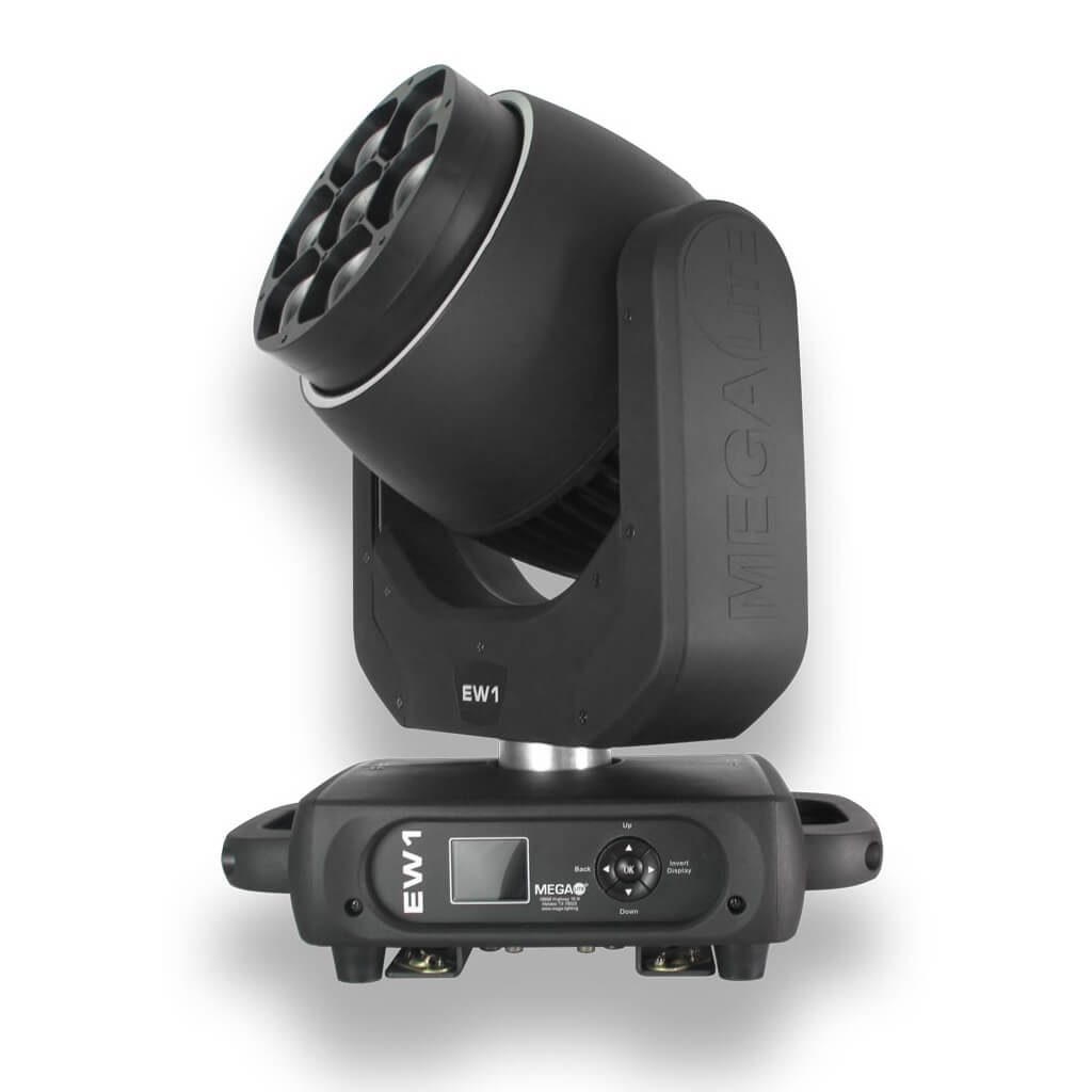 Mega-Lite EW1 - LED Moving Head Wash Fixture with Pixable Halo Ring, front right angle down