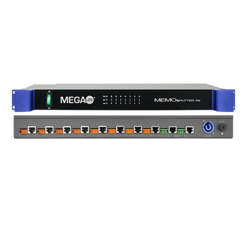 Mega-Lite MC1070 MEMO Splitter A8, stacked front and back views