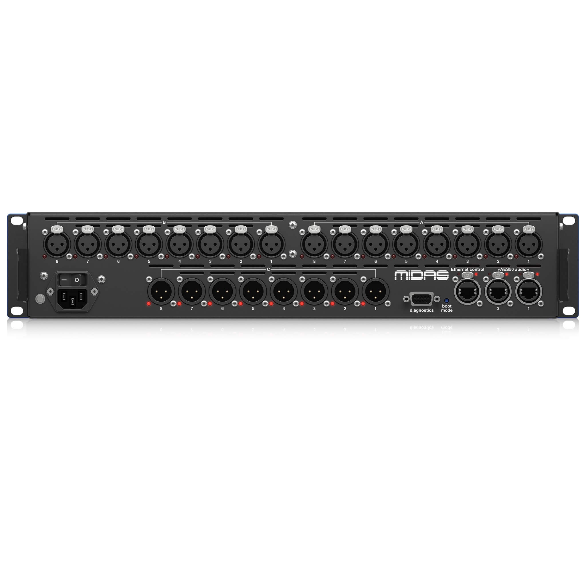 Midas DL153 - 16-Input, 8-Output Stage Box with 16 Midas Mic Preamps, rear