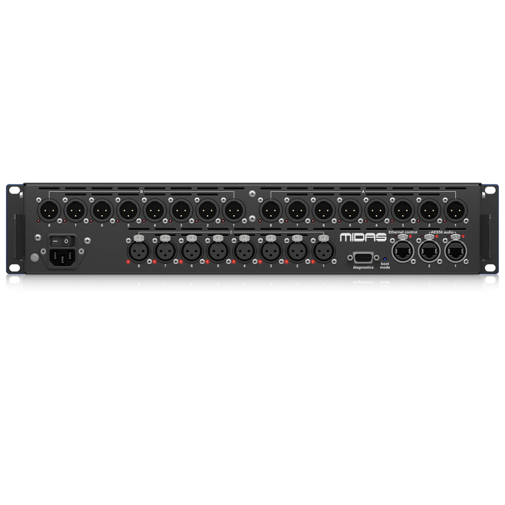 Midas DL154 - 8 Input, 16 Output Stage Box with 8 Midas Mic Preamps, rear
