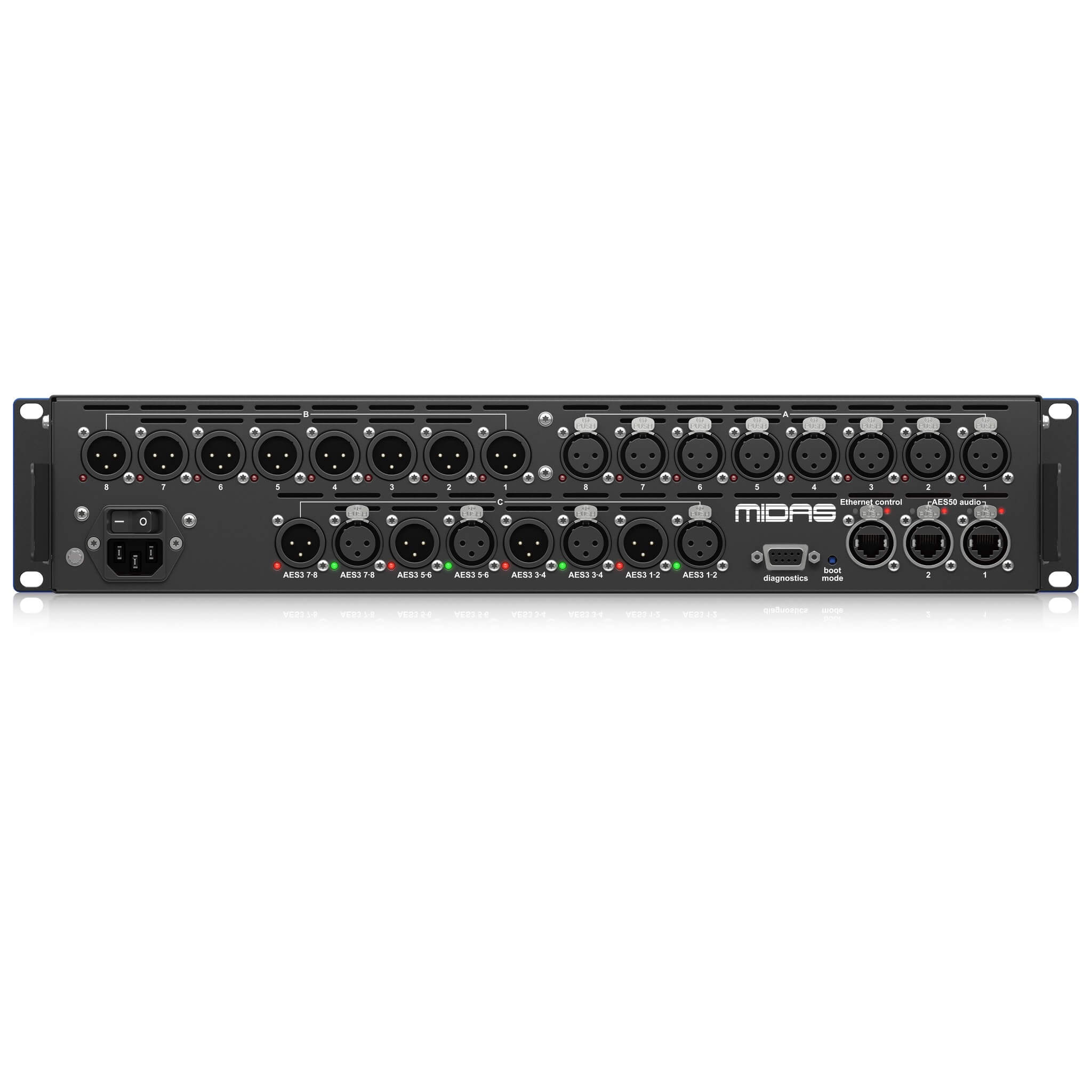 Midas DL155 - 16 Input, 16 Output Stage Box with 8 Midas Mic Preamps, rear
