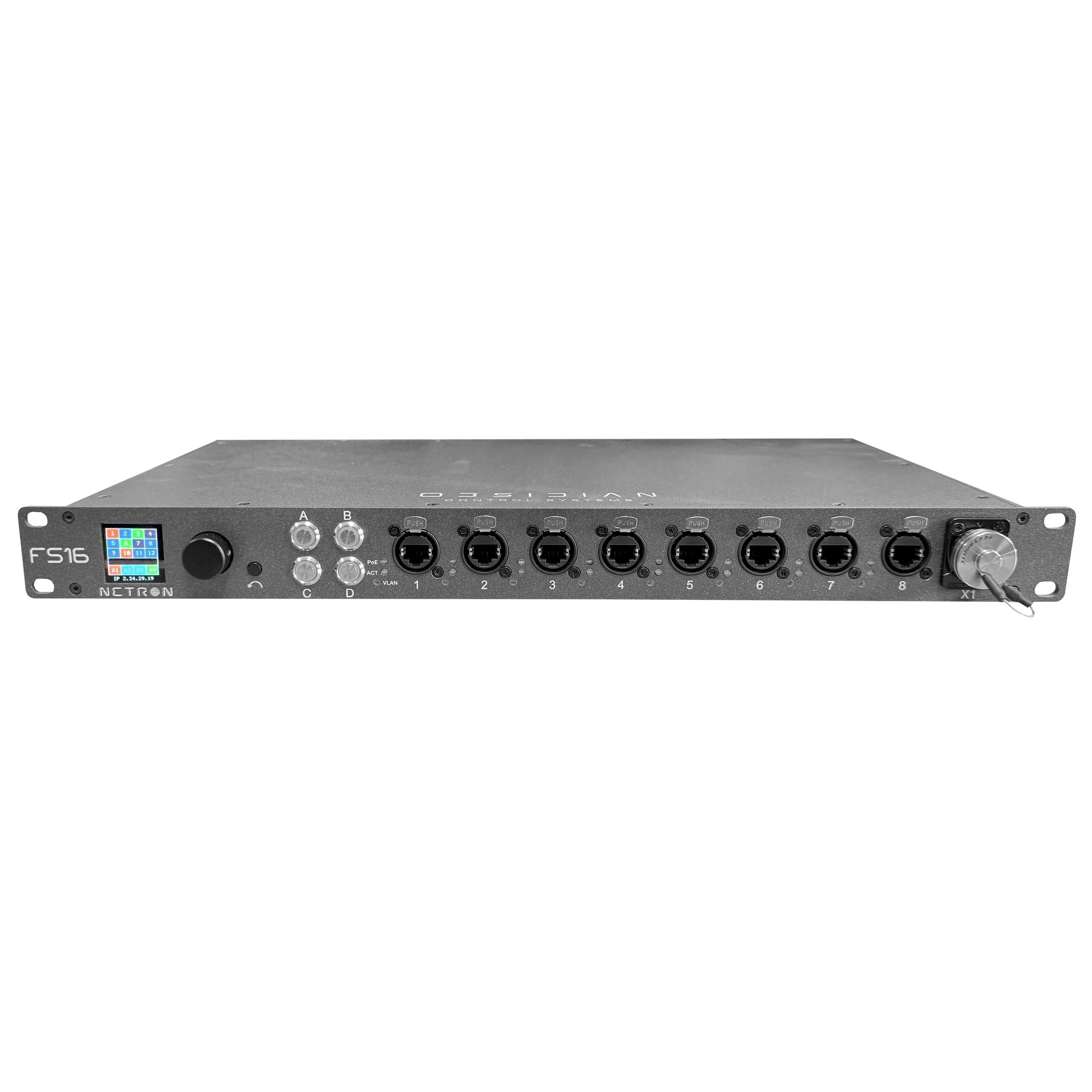 Obsidian Netron FS16 - 12-port GbE Network Switch with OLED Display, front
