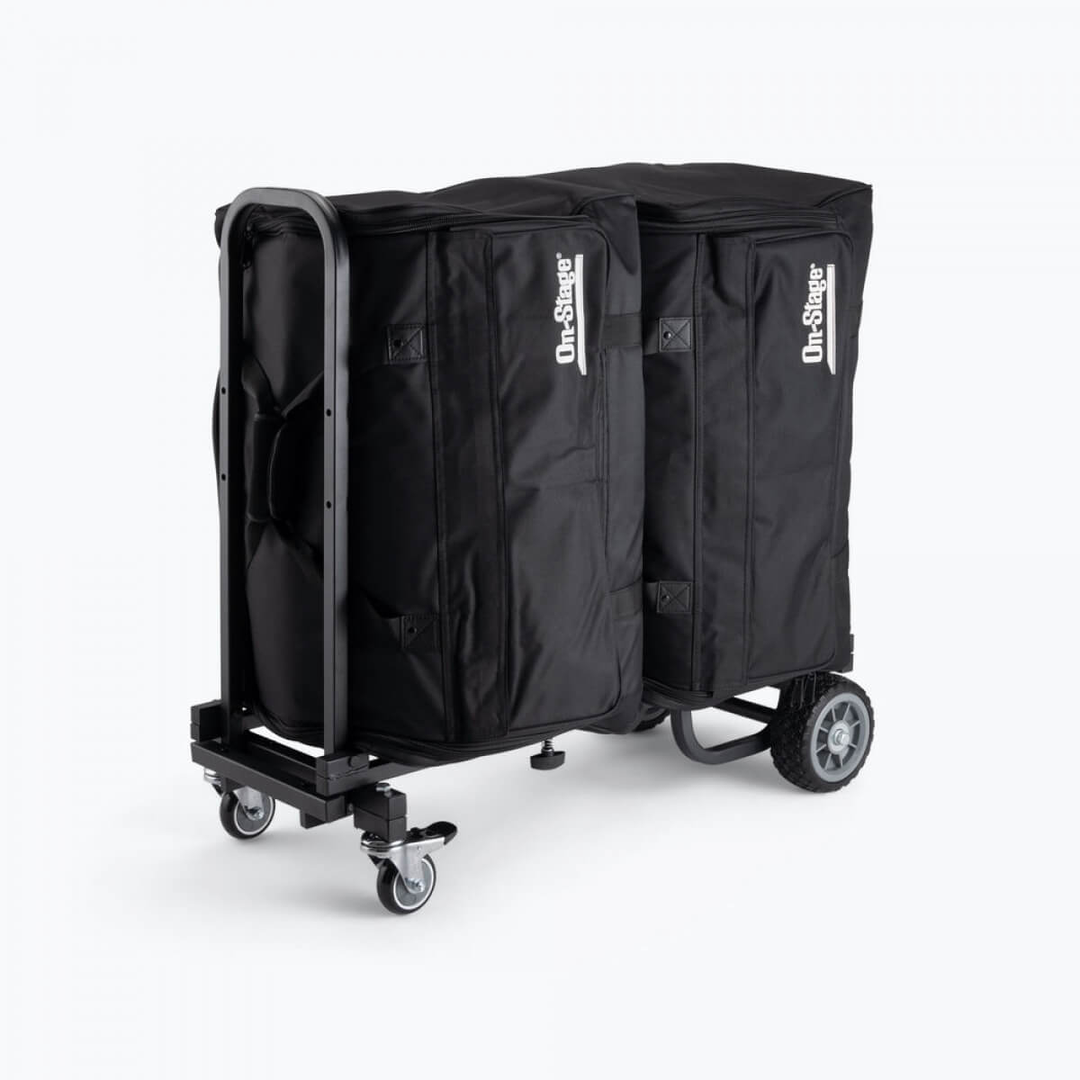 On-Stage UTC1100 Compact Utility Cart, loaded with gear bags