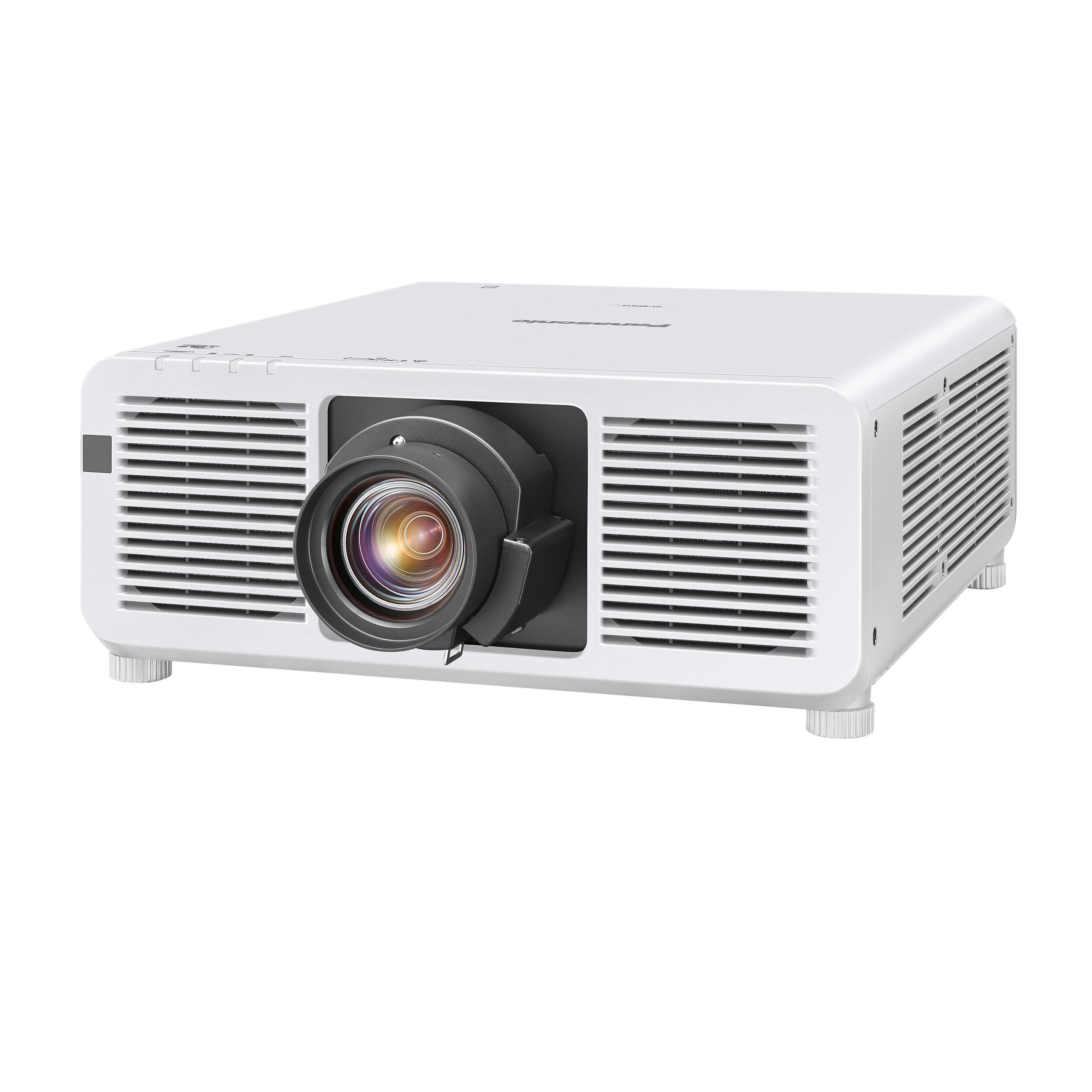 Panasonic PT-REQ10LWU - 1-Chip DLP 4K Laser Projector, left angle view shown with optional lens