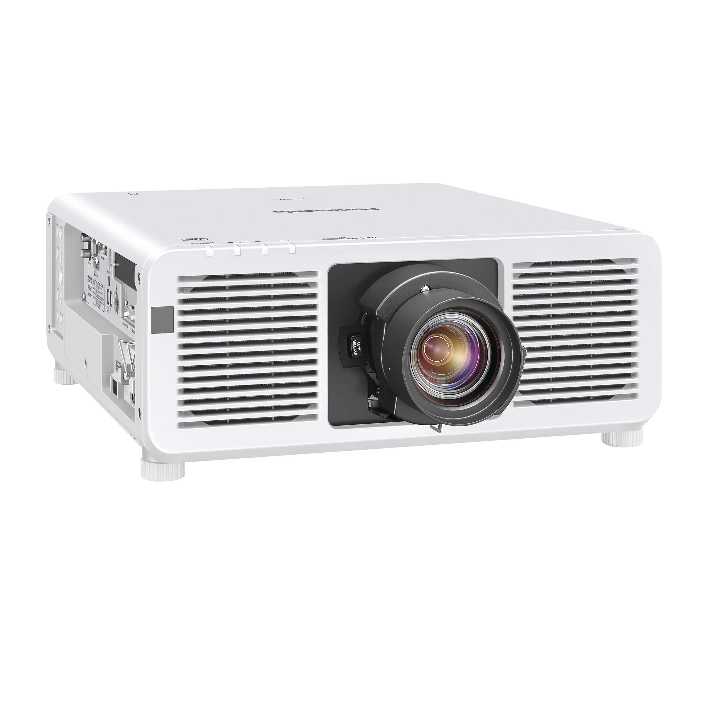 Panasonic PT-REQ10LWU - 1-Chip DLP 4K Laser Projector, right angle view shown with optional lens