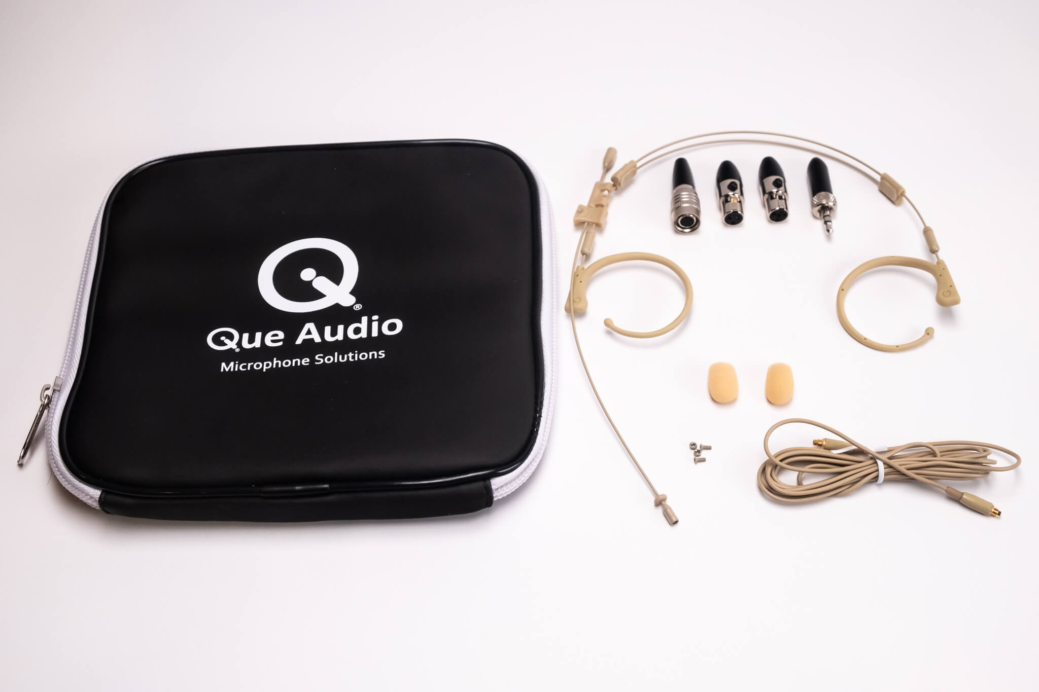 Que Audio QA22 Bundle - Dual Ear Headworn Microphone with DAAD-AKL, ATL, SEL, and SHL adapters, in beige