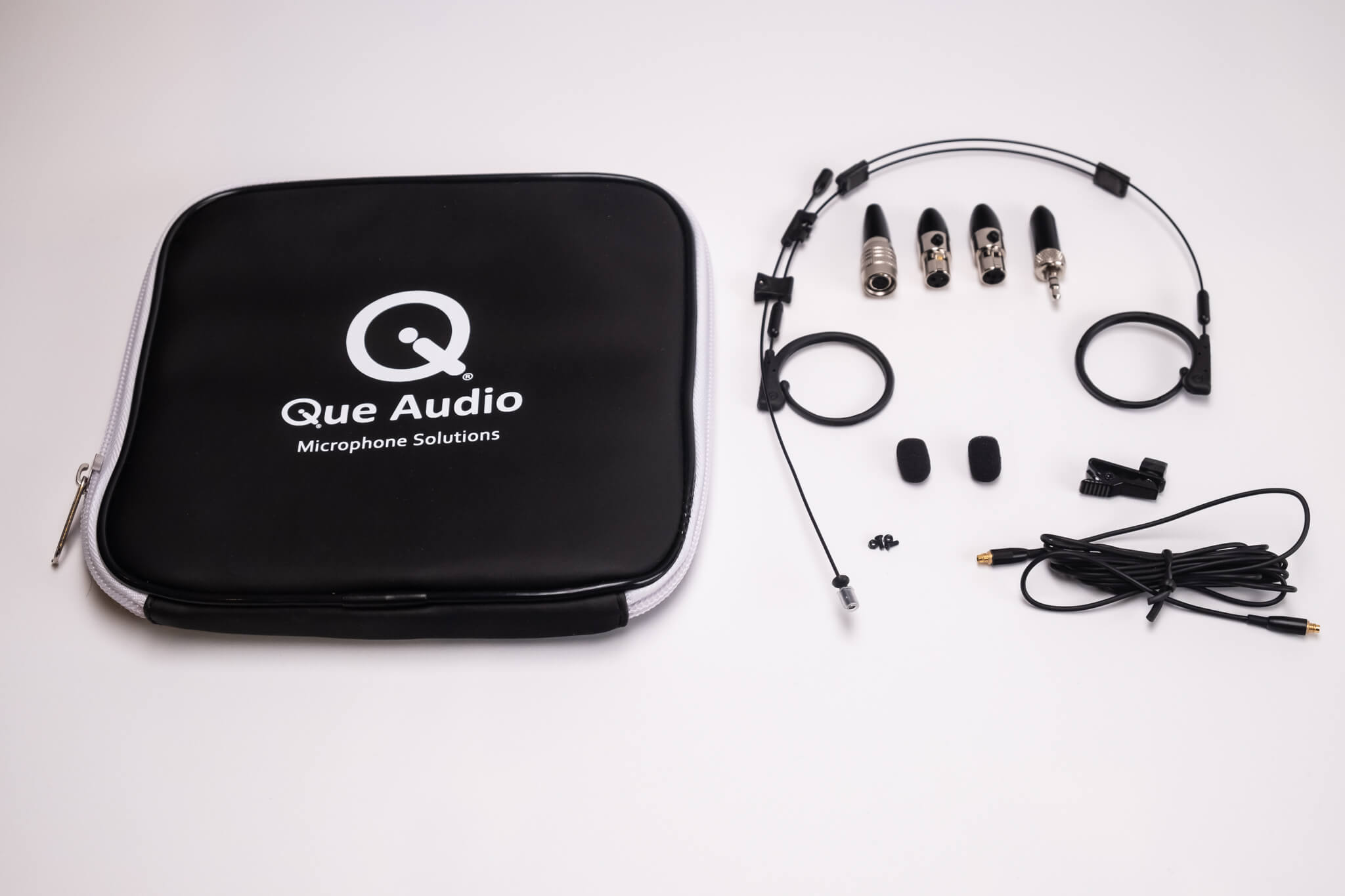 Que Audio QA22 Bundle - Dual Ear Headworn Microphone with DAAD-AKL, ATL, SEL, and SHL adapters, in black