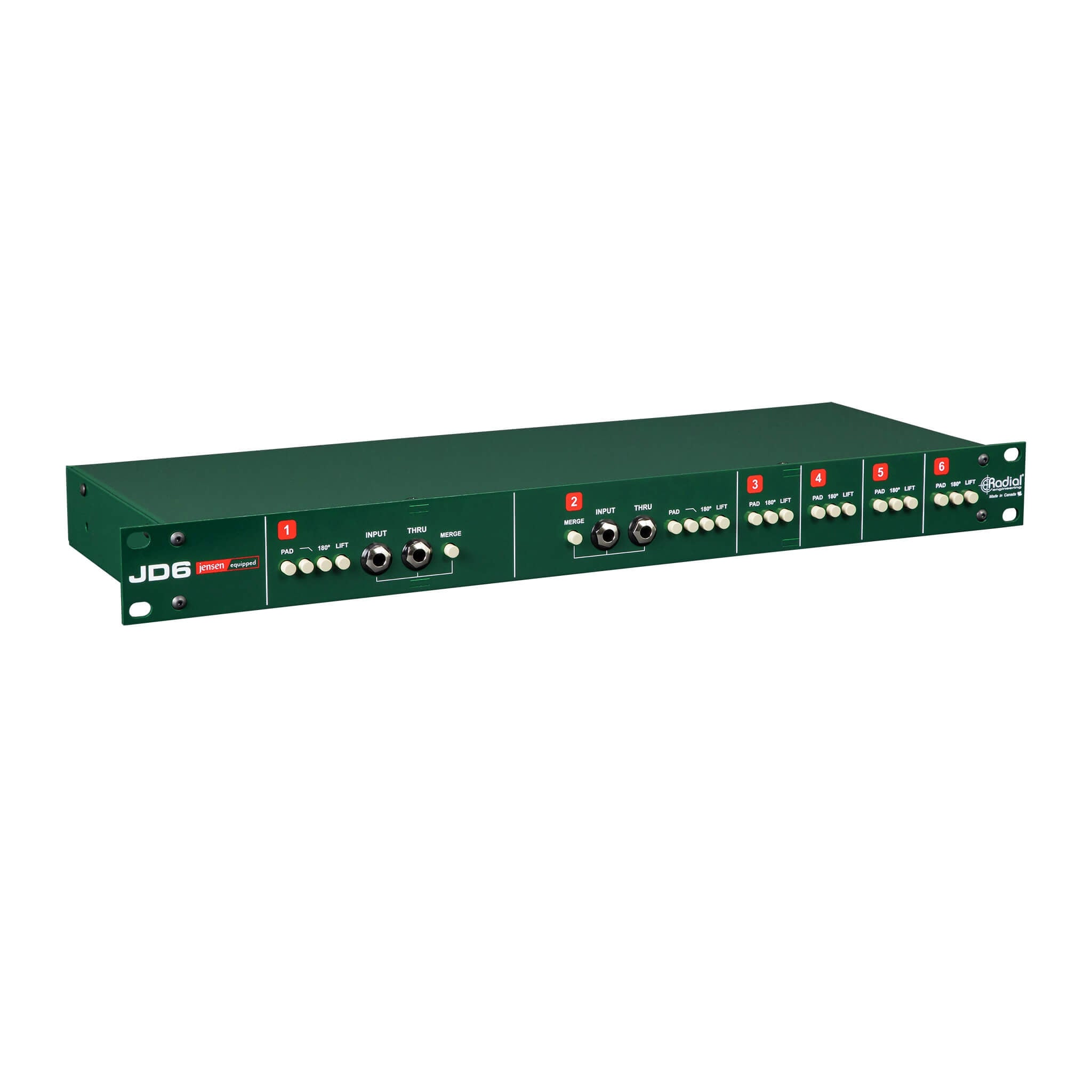 Radial JD6 - 6-Channel Rackmount Passive Direct Box, angle left