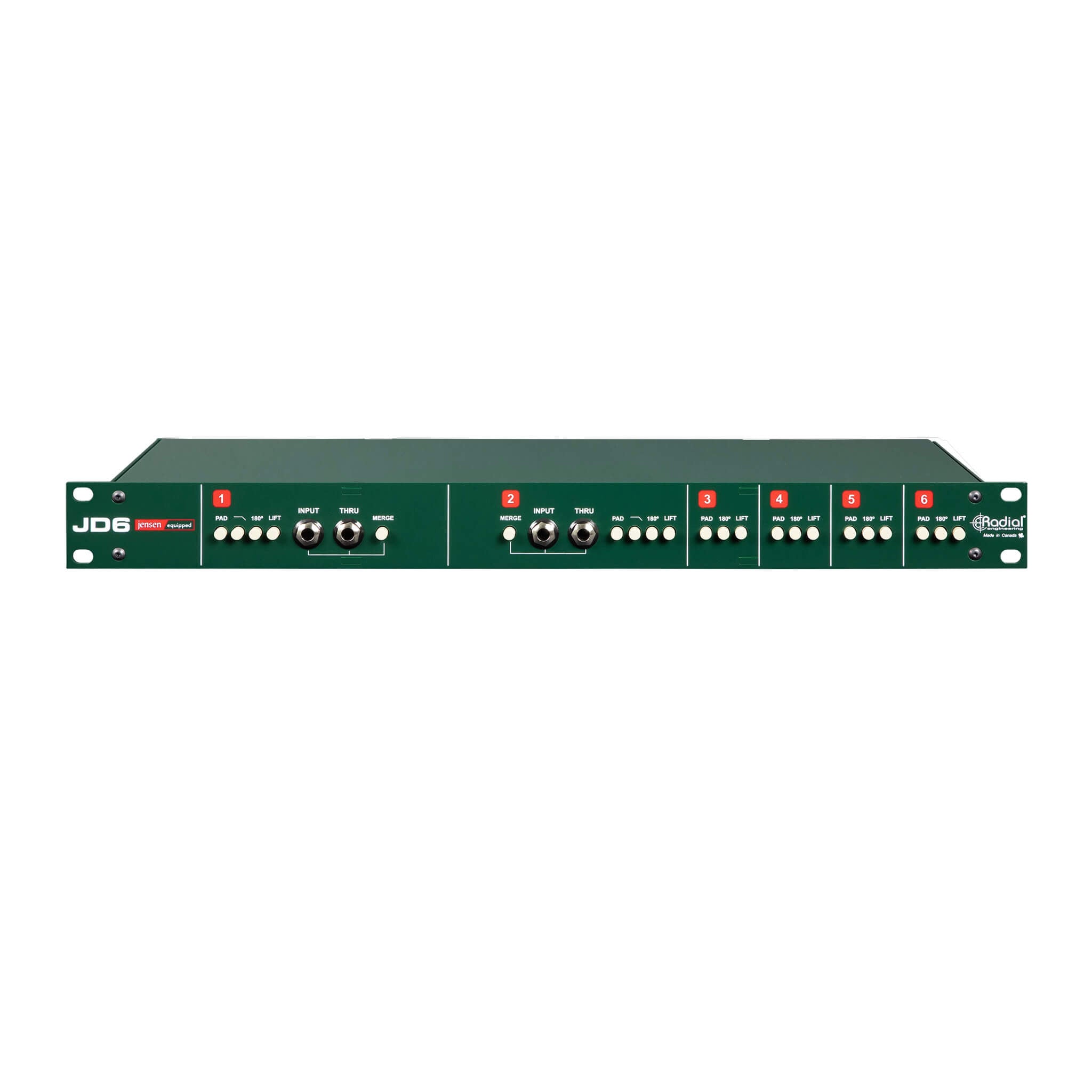 Radial JD6 - 6-Channel Rackmount Passive Direct Box, front