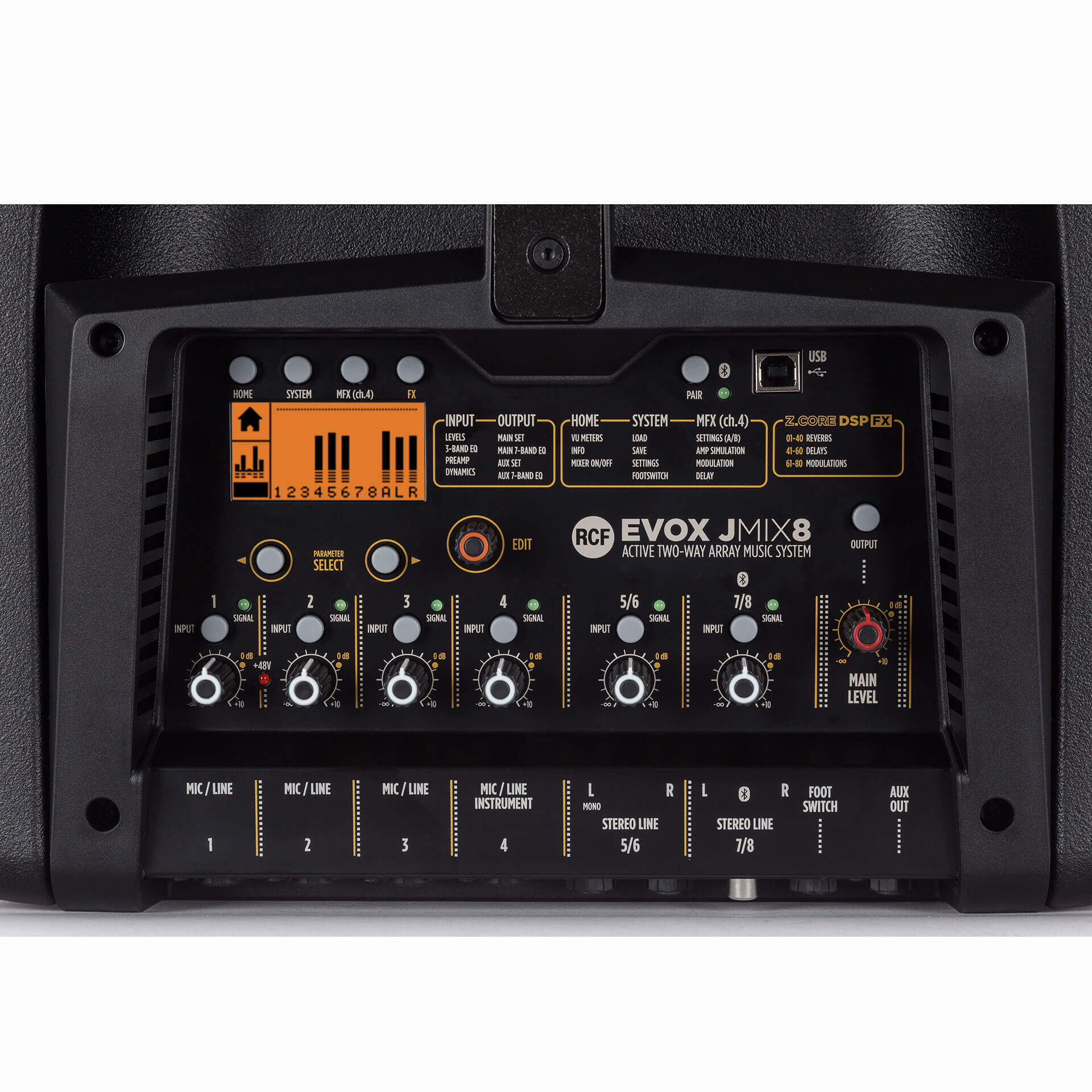 RCF EVOX JMIX8 - Active 1400W Portable 2-Way Column Array with 8-ch digital mixer, closeup