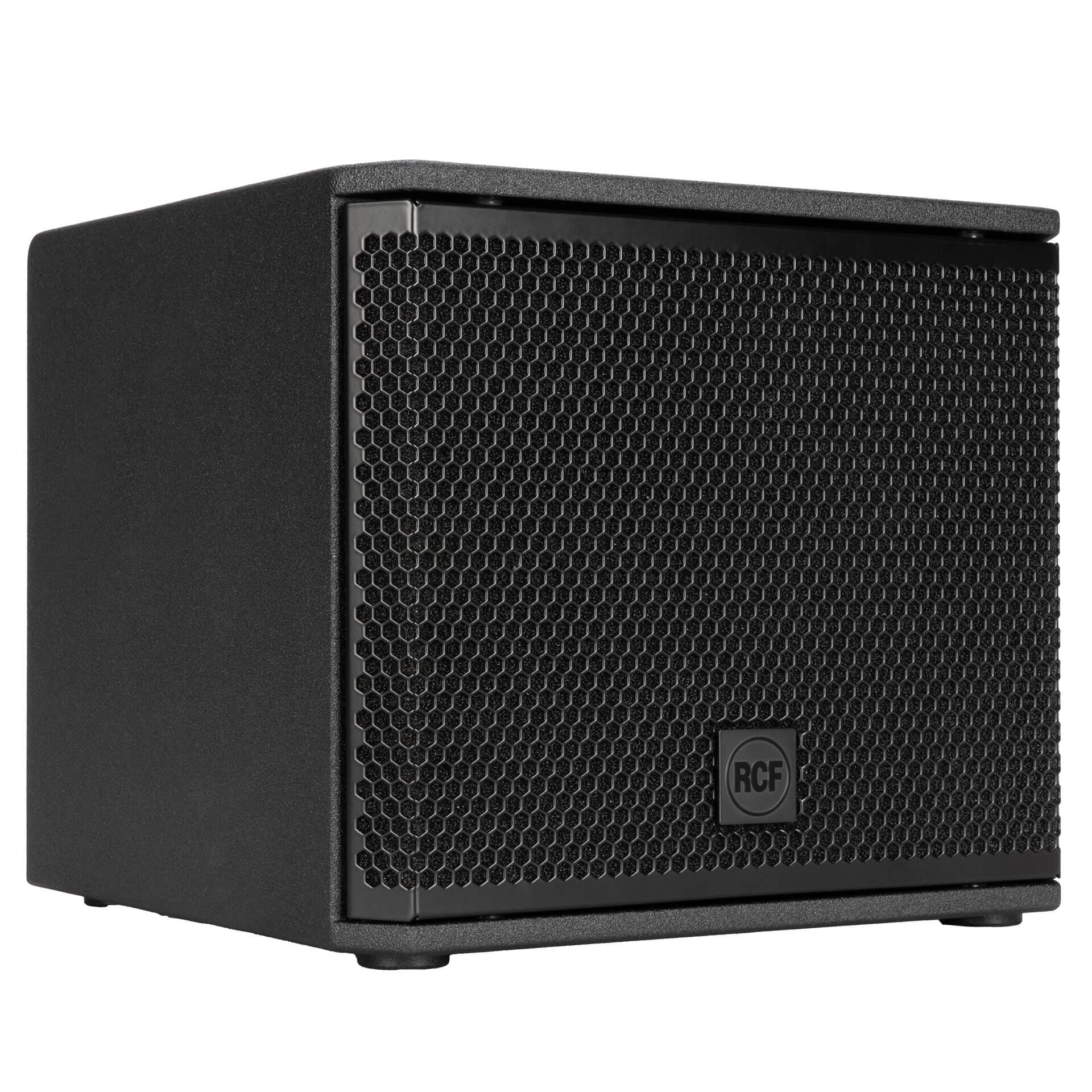 RCF S-08-A - 8" Active Subwoofer, 4-Channel Audio System, angled right