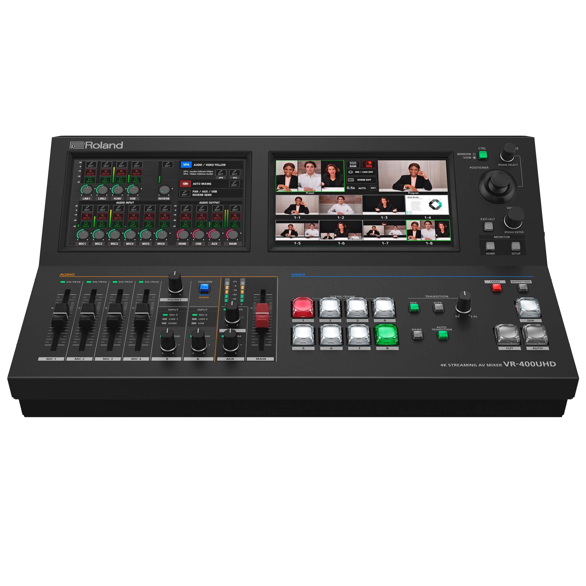 Roland VR-400UHD - 4K Direct Streaming AV Mixer with Dual Touchscreens, front