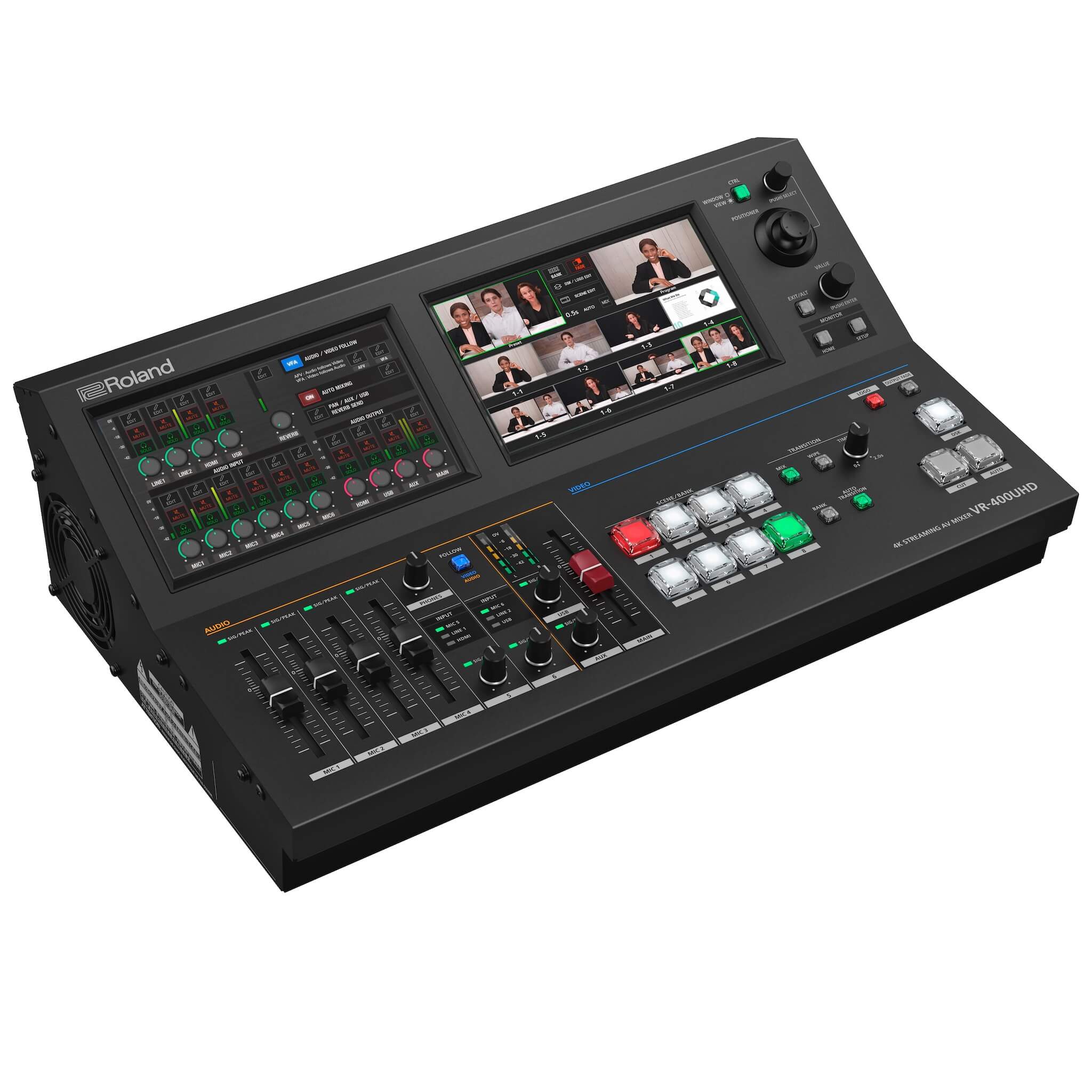 Roland VR-400UHD - 4K Direct Streaming AV Mixer with Dual Touchscreens, left angle