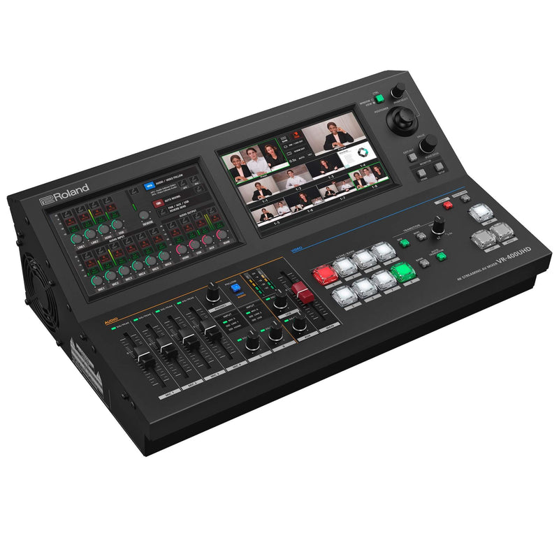 Roland VR-400UHD - 4K Direct Streaming AV Mixer with Dual Touchscreens, left angle view