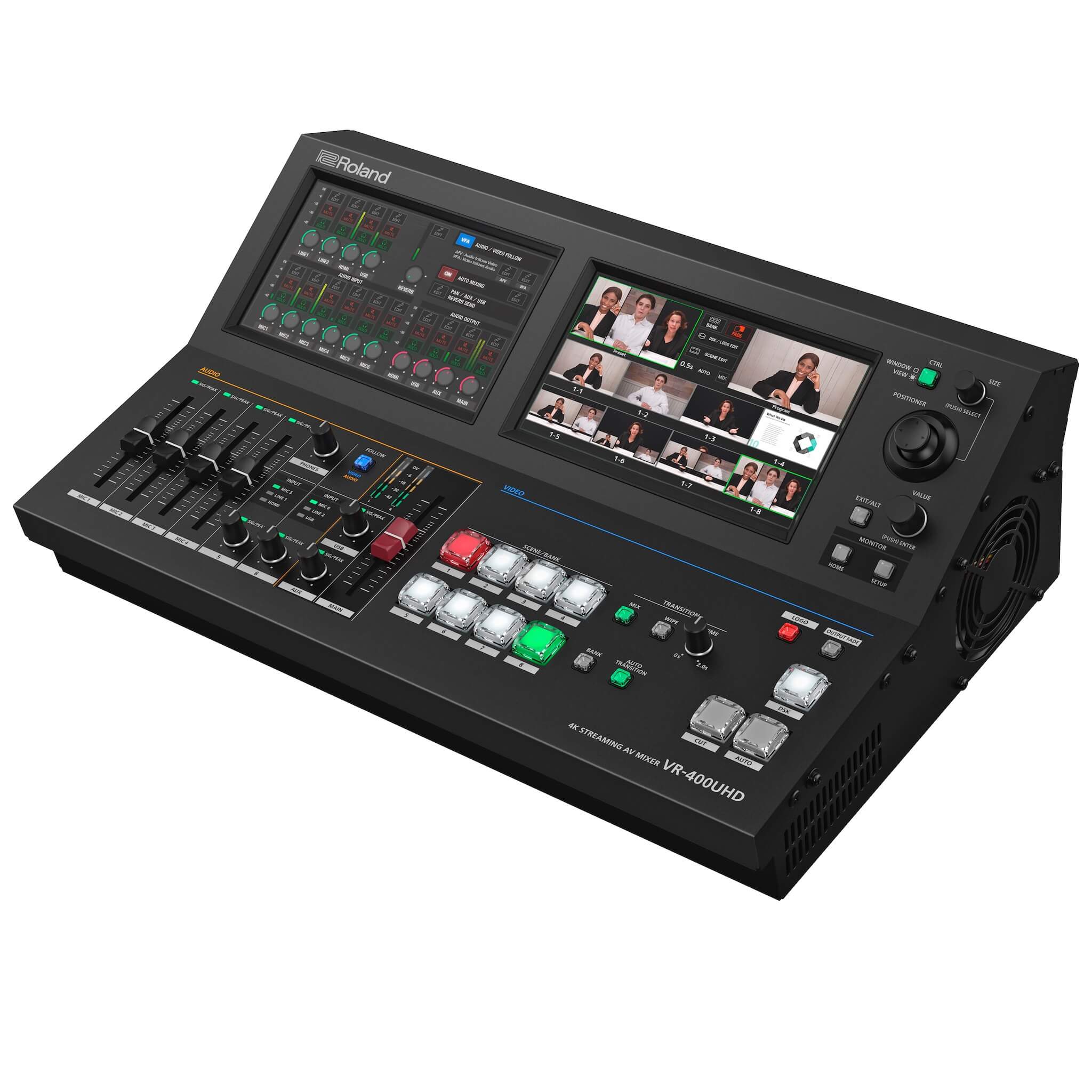 Roland VR-400UHD - 4K Direct Streaming AV Mixer with Dual Touchscreens, right angle