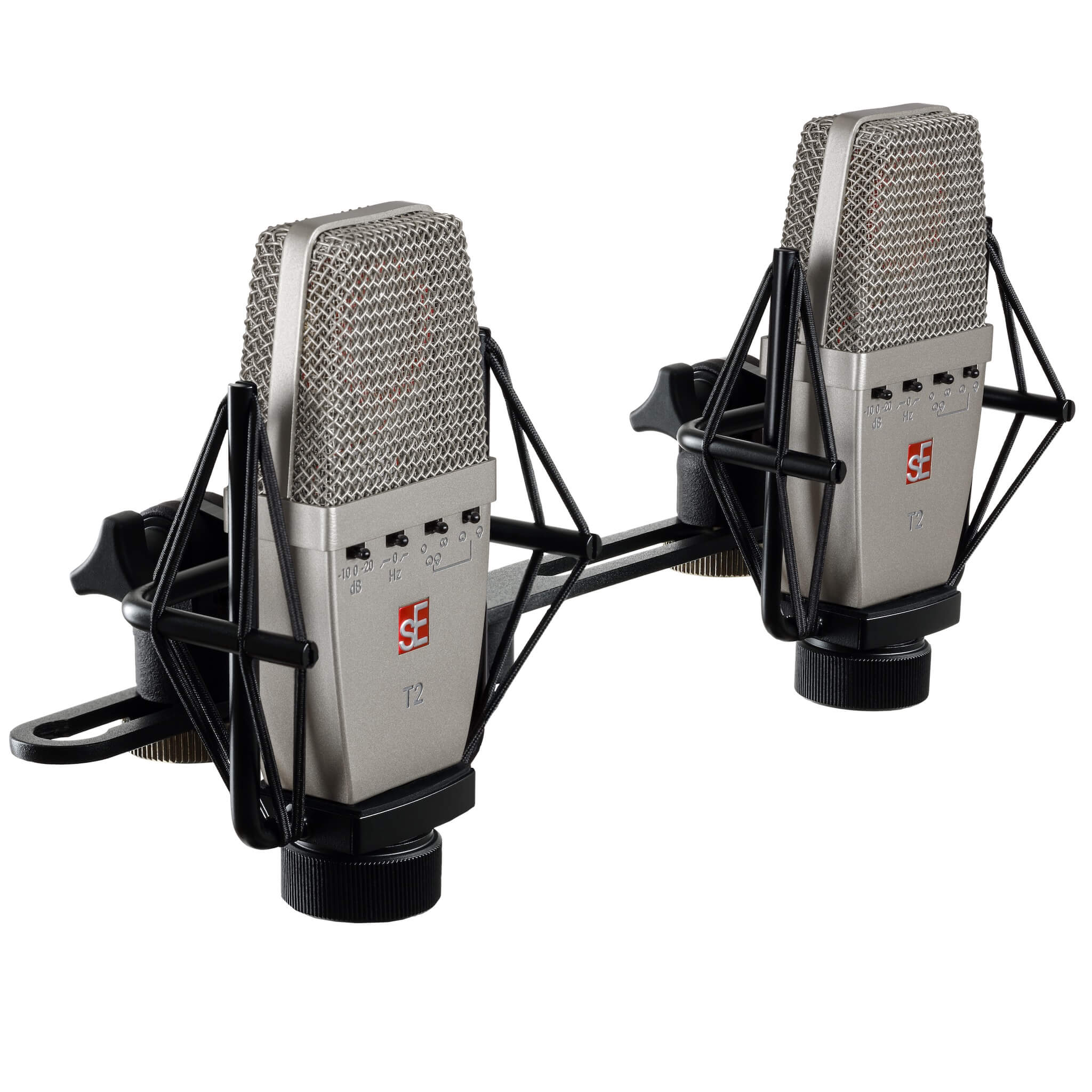 sE Electronics T2 (P) - Factory Matched Pair of T2 Microphones, shown with included stereo bar and shockmounts