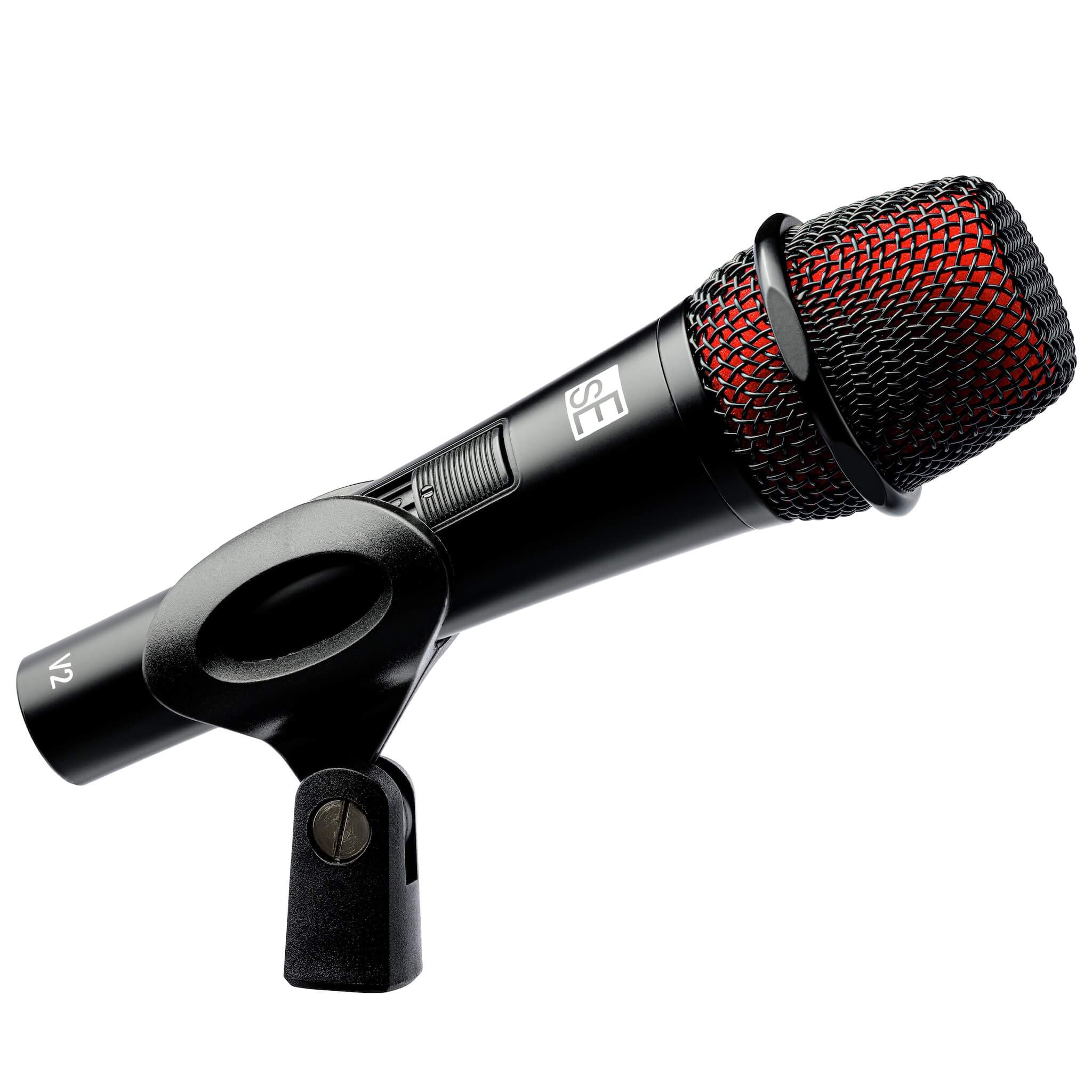 sE Electronics V2 SWITCH - Handheld Dynamic Microphone with Switch, shown with included mic clip