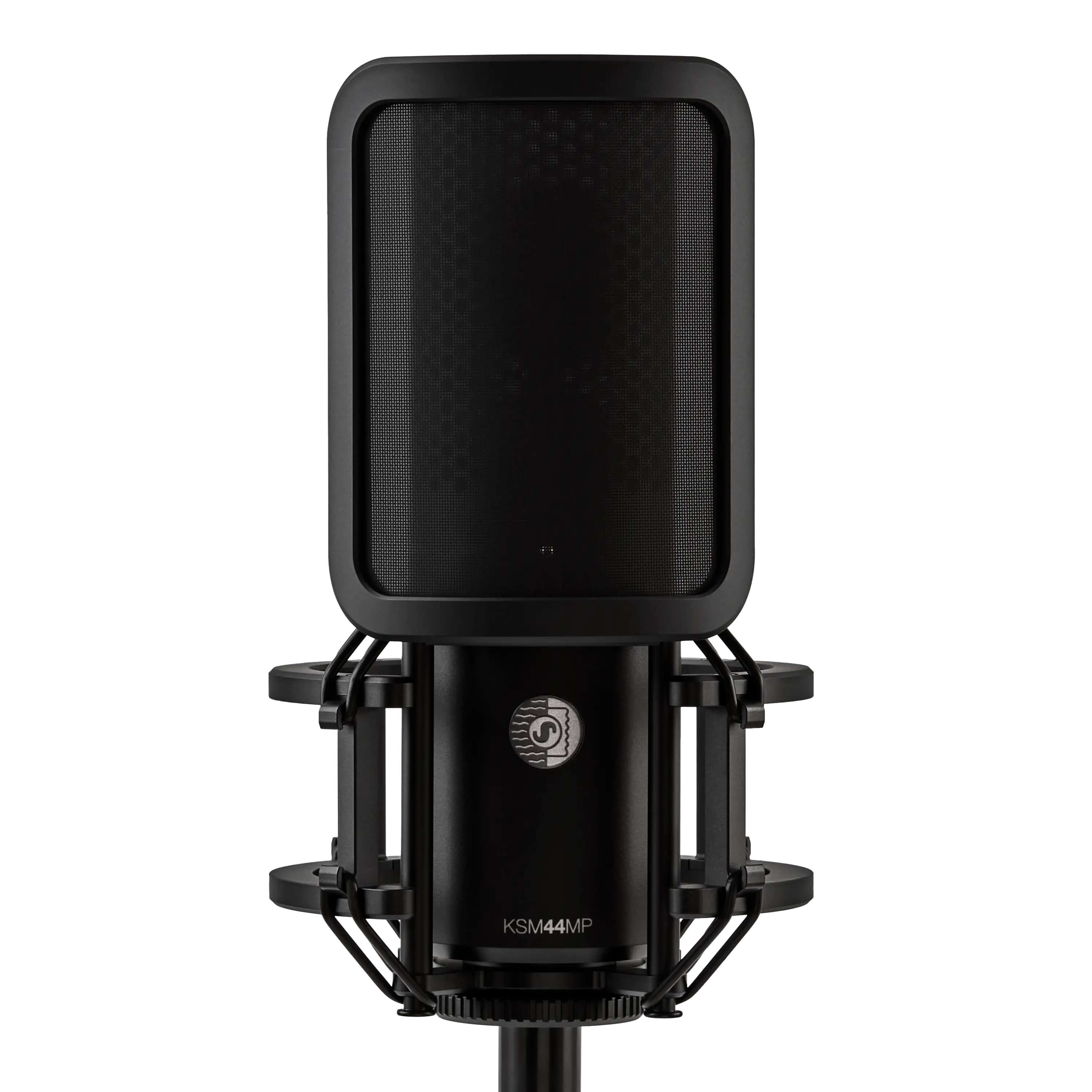 Shure KSM44MP - Large Diaphragm Multi-Pattern Condenser Microphone with shock mount and pop filter, front