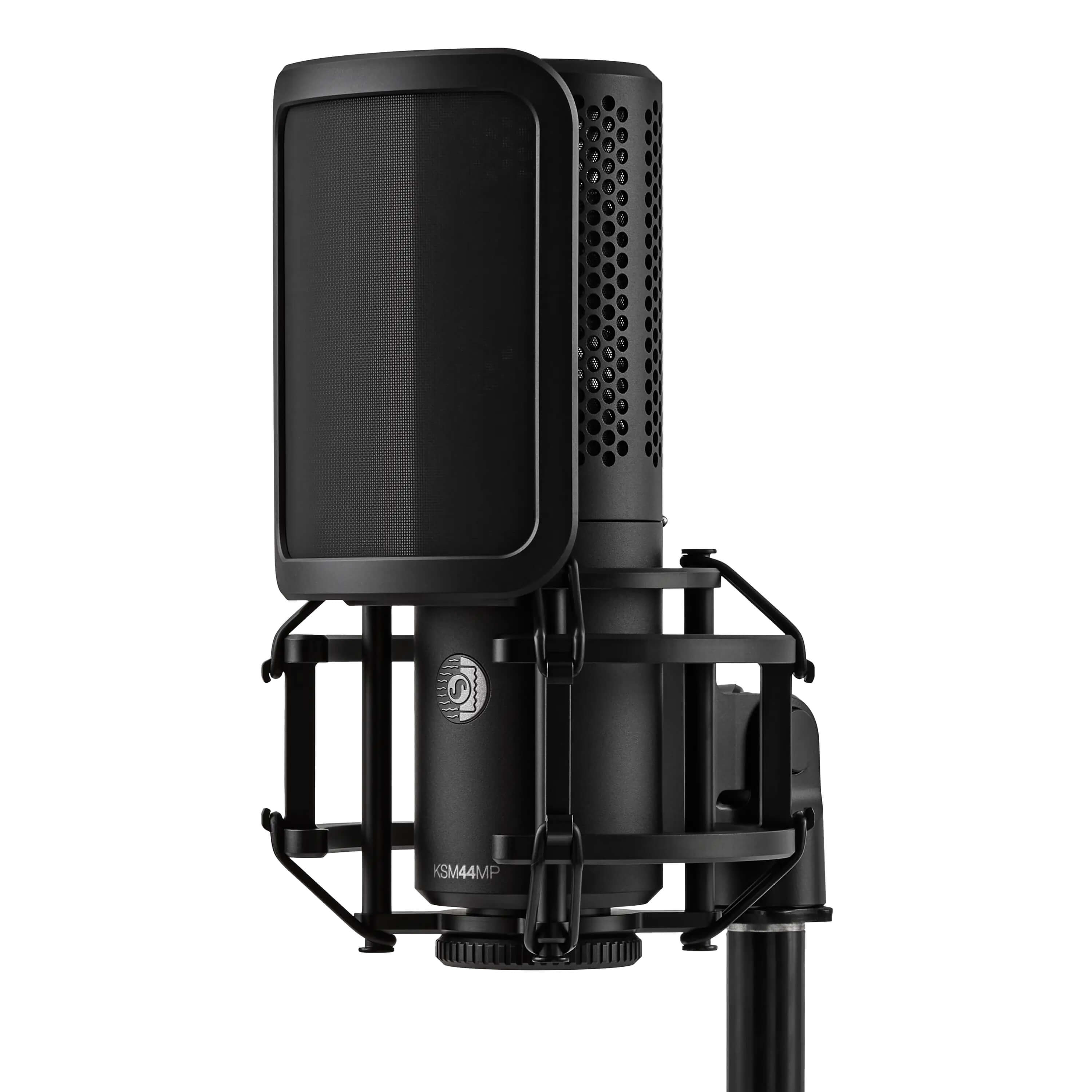 Shure KSM44MP - Large Diaphragm Multi-Pattern Condenser Microphone with shock mount and pop filter, side