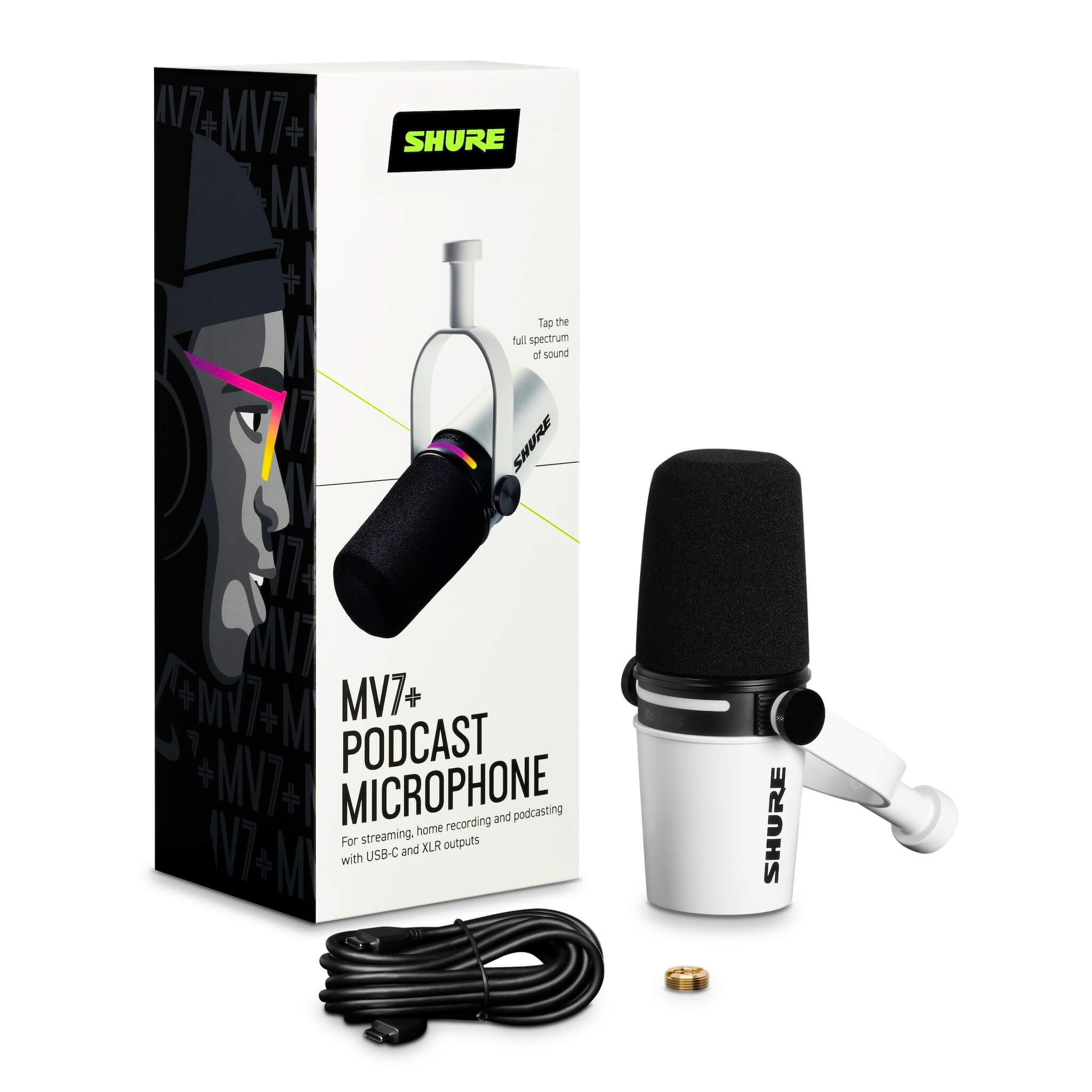 Shure MV7+-W - Podcast Microphone with USB and XLR Outputs, white box