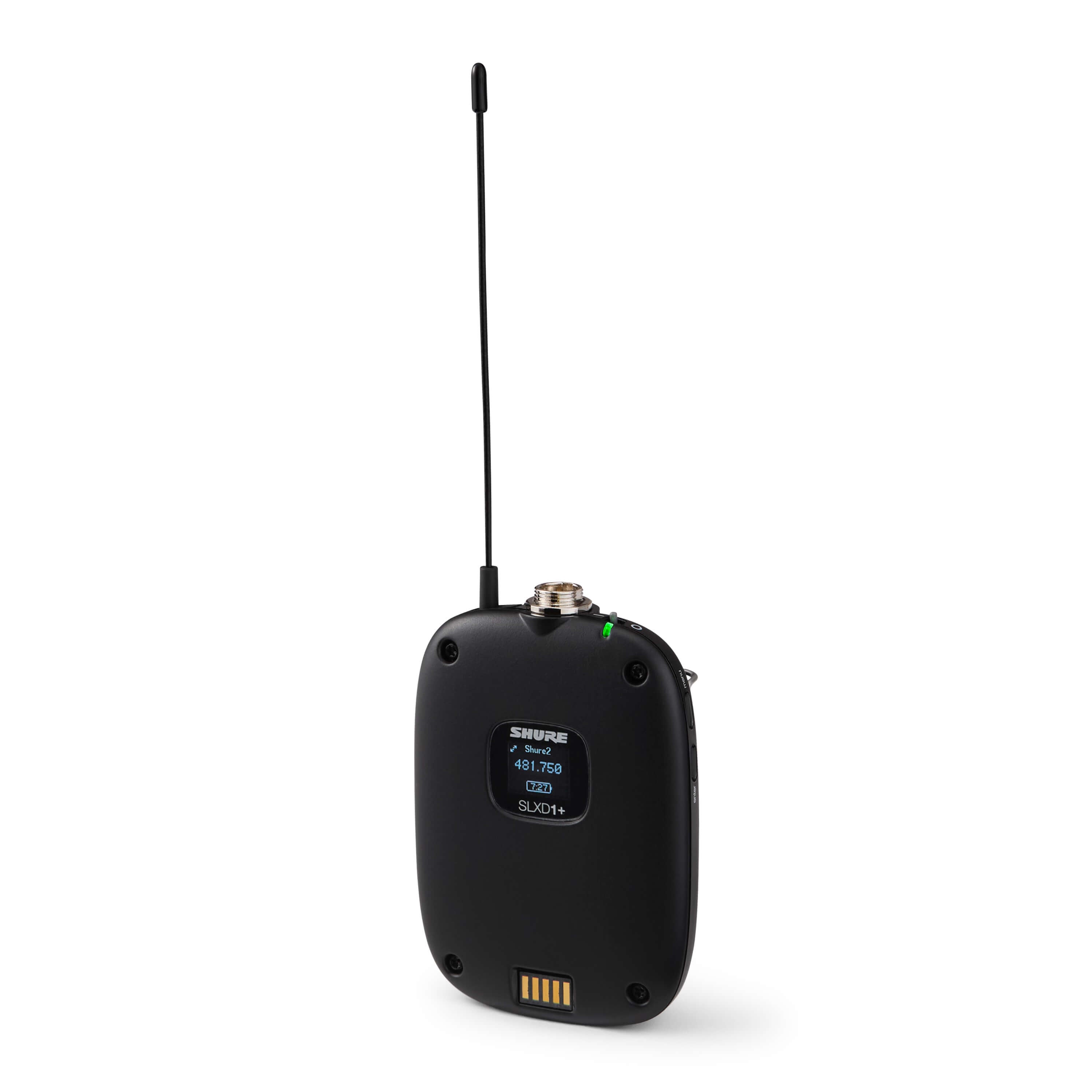 Shure SLXD1+ Digital Wireless Bodypack Transmitter, angled left