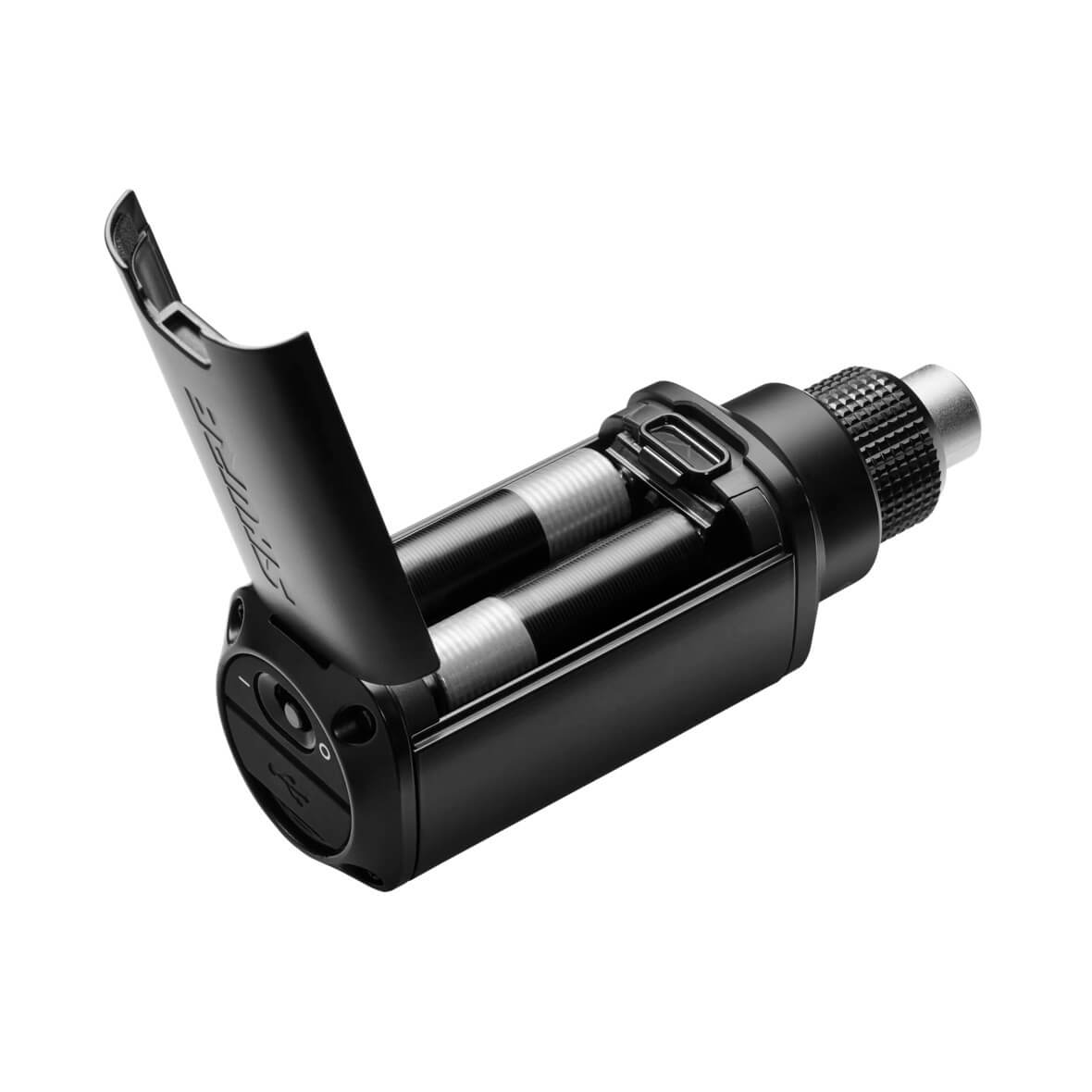 Shure SLXD3 plug-on wireless transmitter, shown with AA batteries