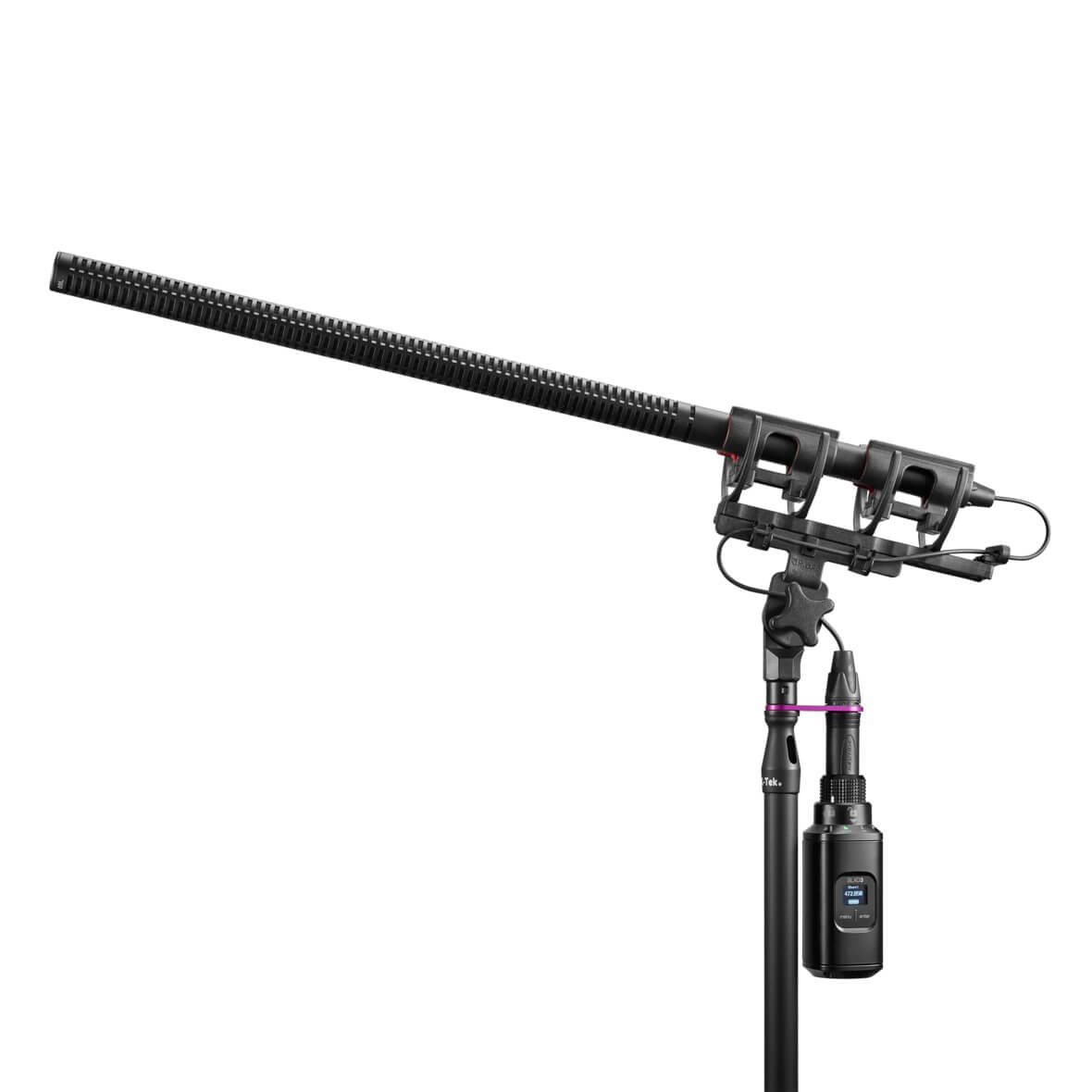 Shure SLXD3 - Plug-on Digital Wireless Transmitter with XLR Connector, shown with optional boom mic stand
