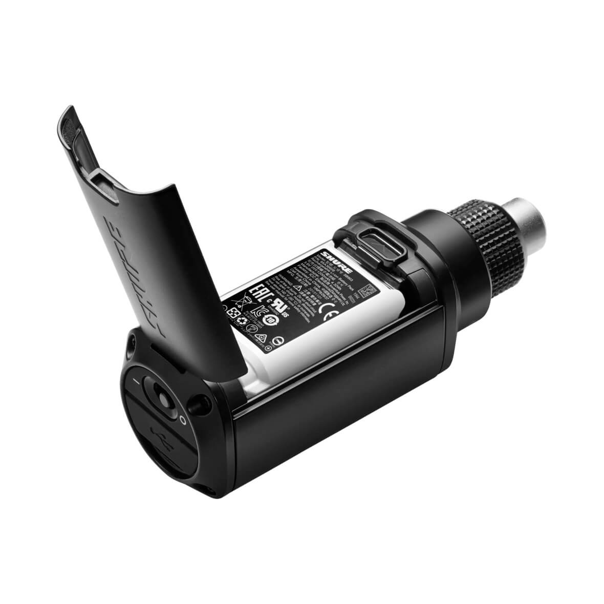 Shure SLXD3 plug-on wireless transmitter, shown with optional rechargeable battery