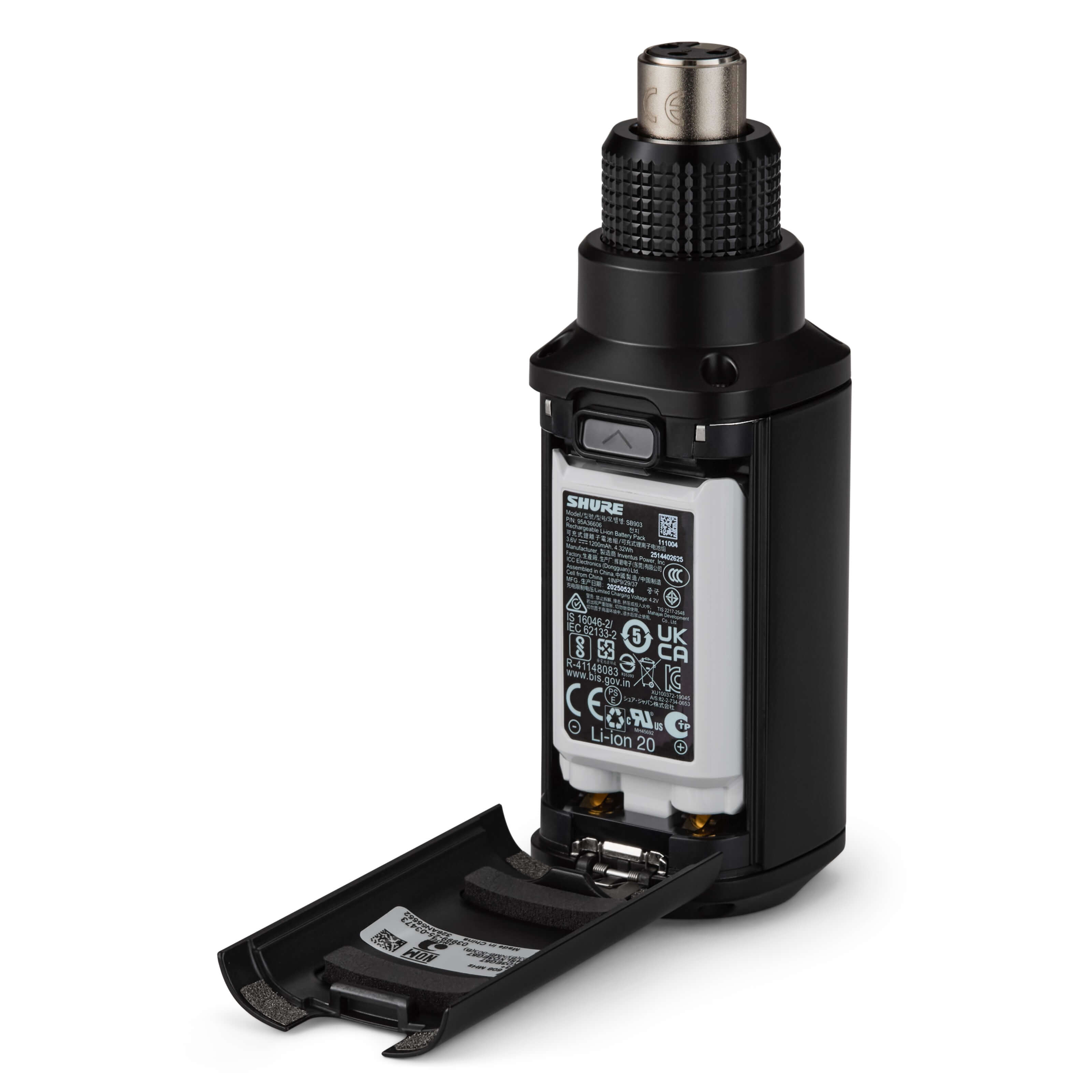 Shure SLXD3+ Digital Wireless Plug-On Transmitter, shown with optional rechargeable battery