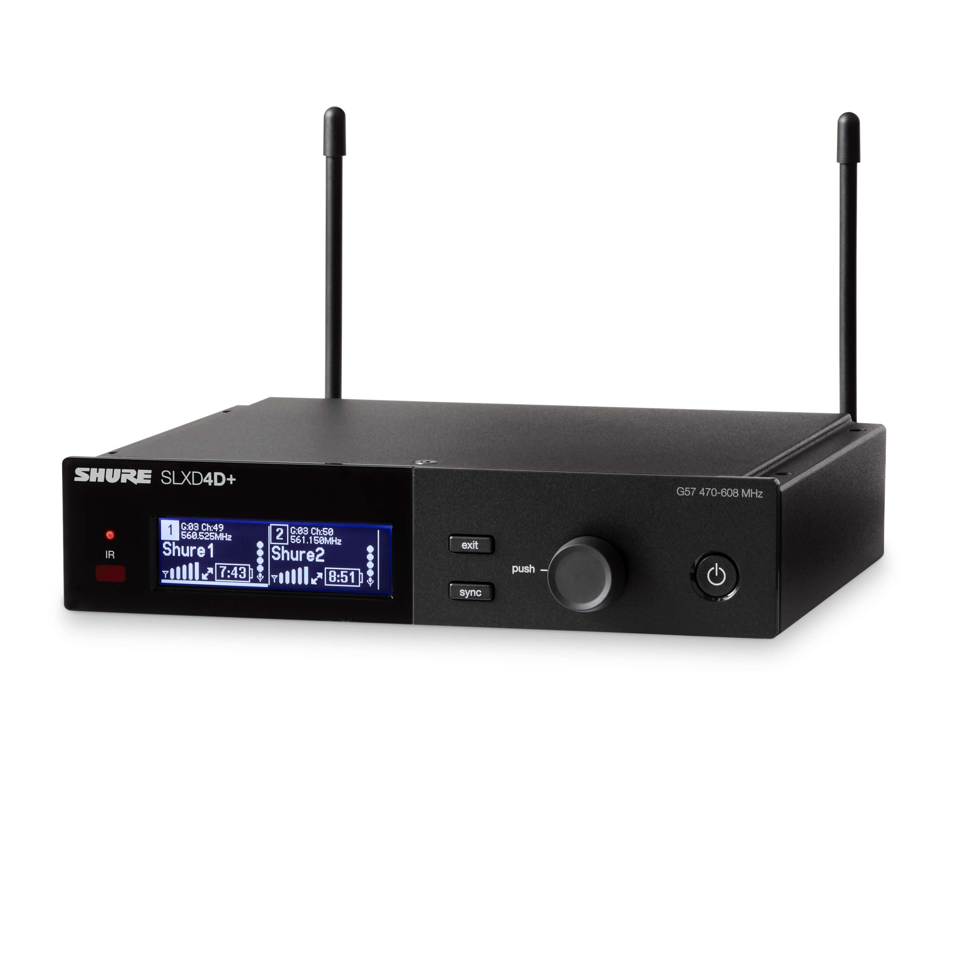 Shure SLXD4D+ Dual-Channel Digital Wireless Receiver, angled left
