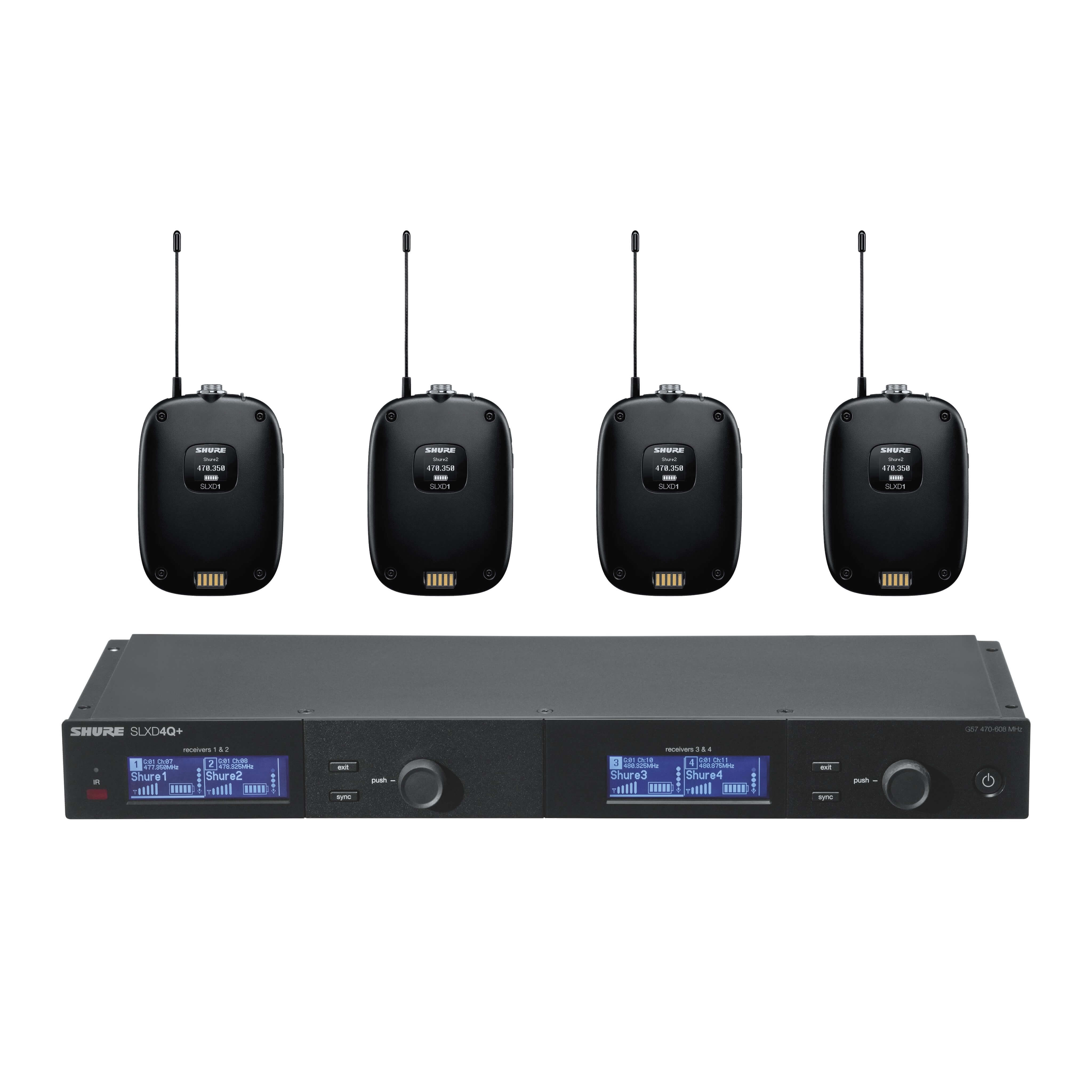 Shure SLXD4Q+ - Quad Channel Digital Wireless Receiver with 4 SLXD1 Bodypacks bundle