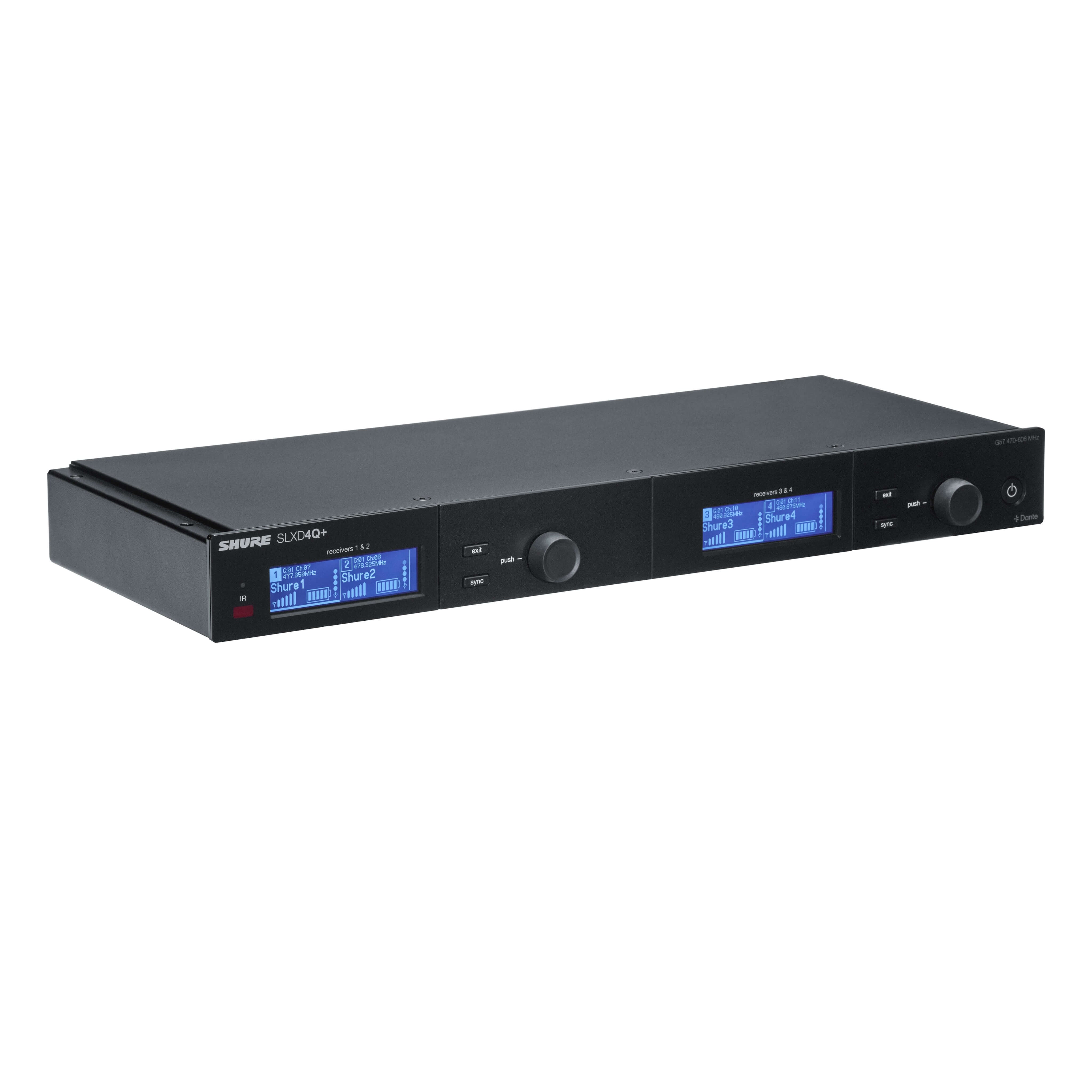 Shure SLXD4QDAN+ Quad Channel Digital Wireless Receiver with Dante, angled right