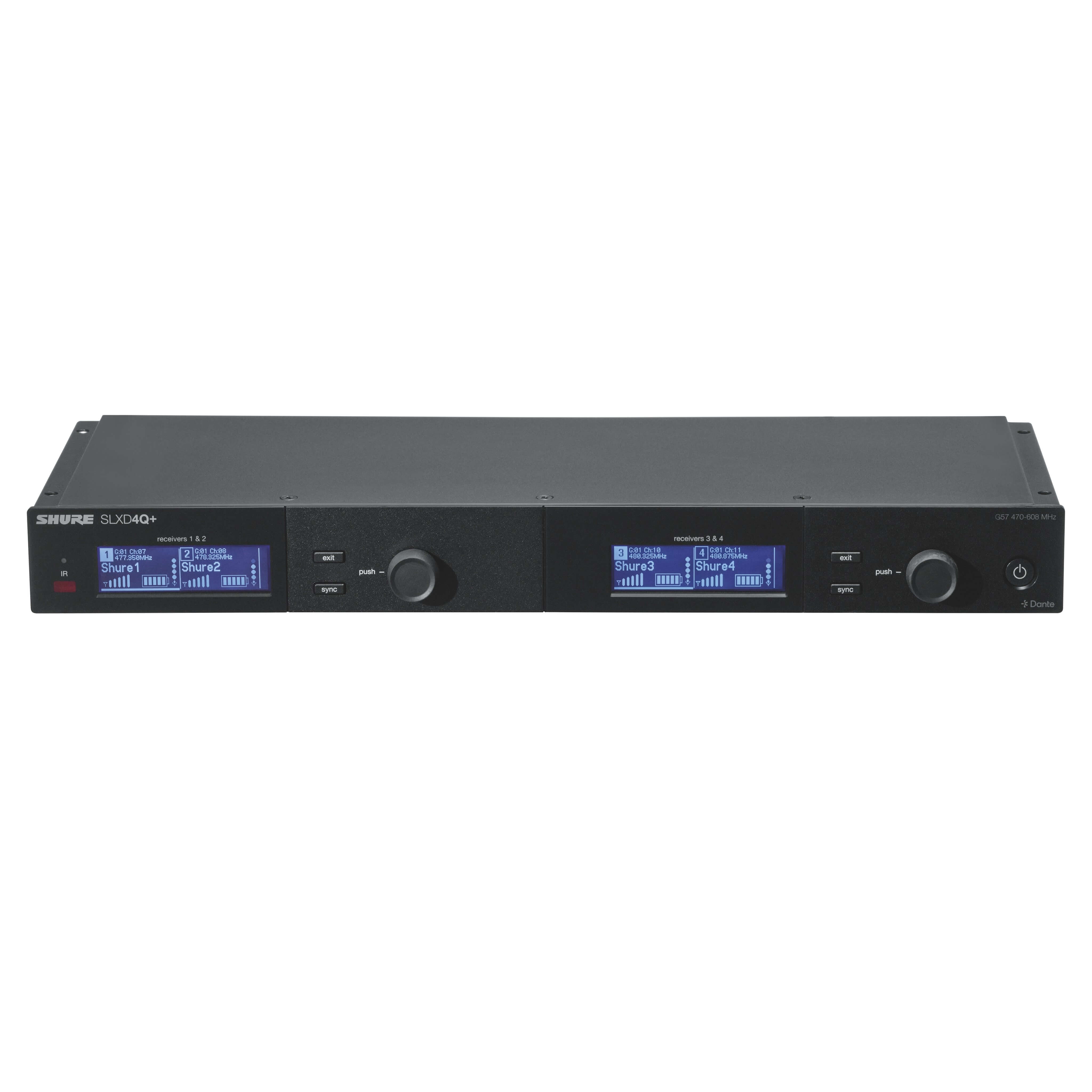Shure SLXD4QDAN+ Quad Channel Digital Wireless Receiver with Dante, front tilted