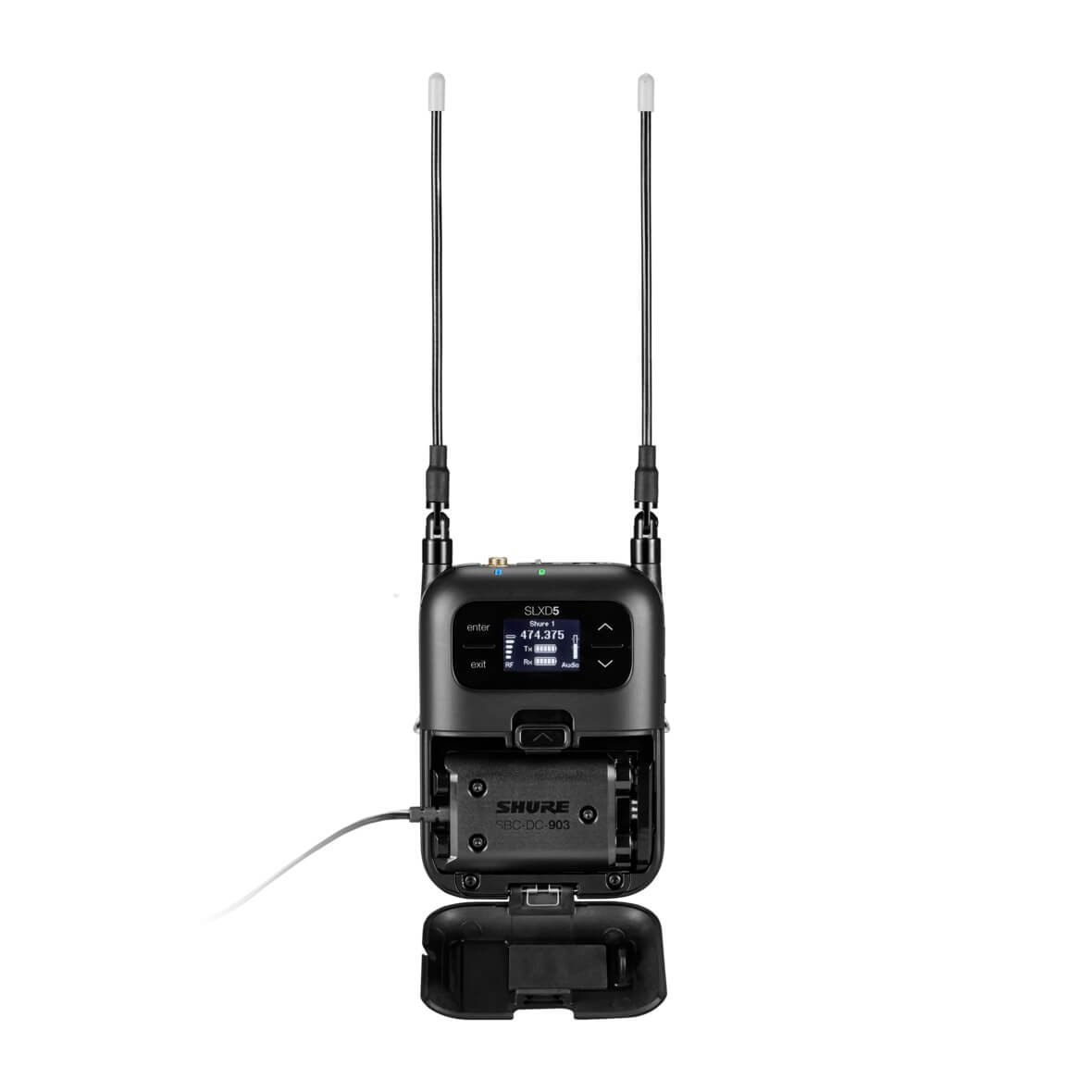 Shure SLXD5 - Single-Channel Portable Digital Wireless Receiver, shown with optional AC adapter