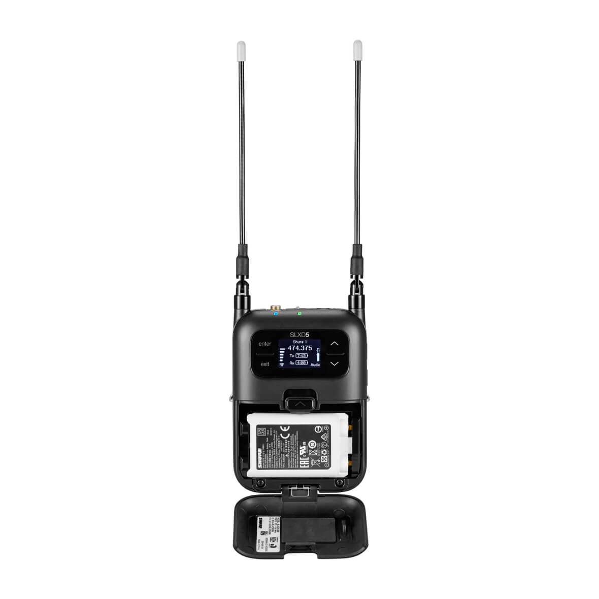 Shure SLXD5 single-channel portable receiver, shown with optional rechargeable battery