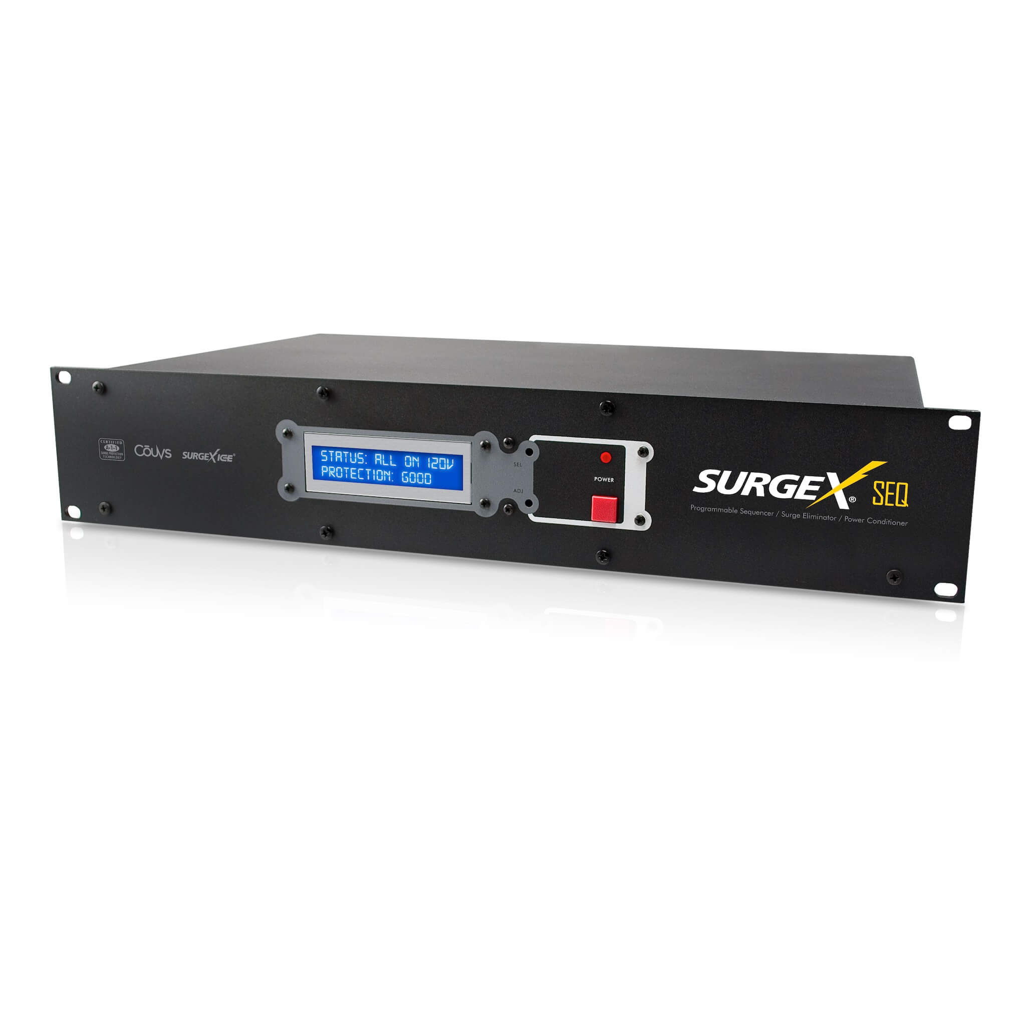 SurgeX SEQ - Sequencing Surge Eliminator and Power Conditioner, angled front view
