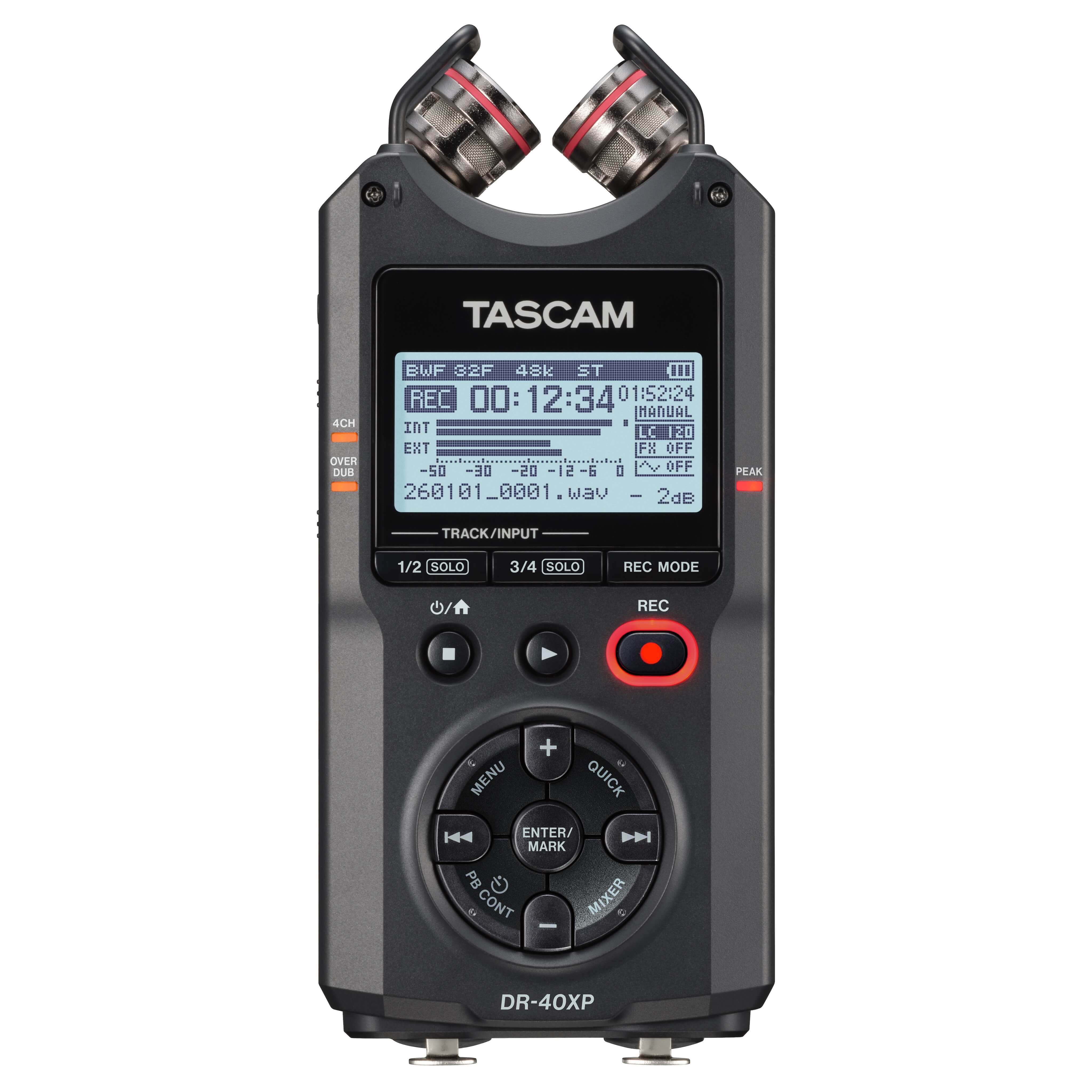 Tascam DR-40XP - 4-Ch 32-Bit Float Multi-Track Portable Field Recorder, front x-y
