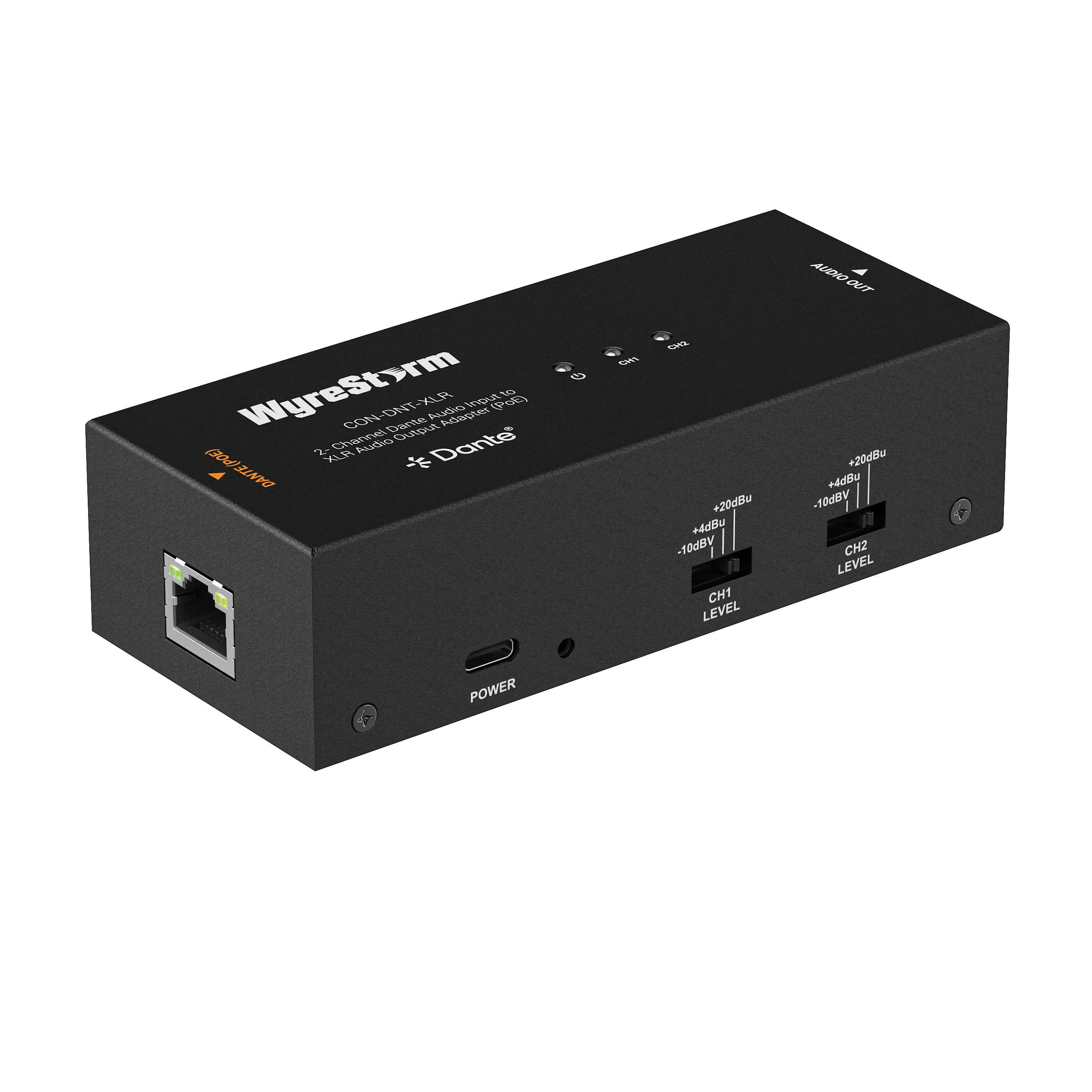 WyreStorm CON-DNT-XLR - 2-Channel Dante/AES67 Audio input to XLR Output Adapter (PoE), front
