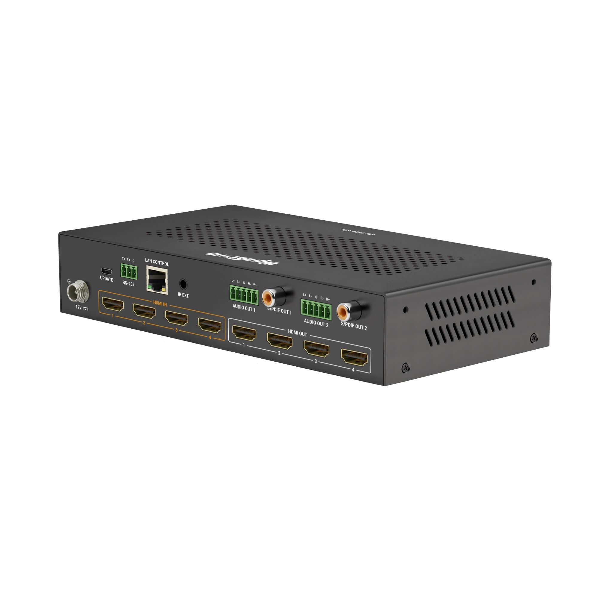 WyreStorm MX-0404-SCL - 4K60 4×4 HDMI Seamless Matrix Switcher, rear angle