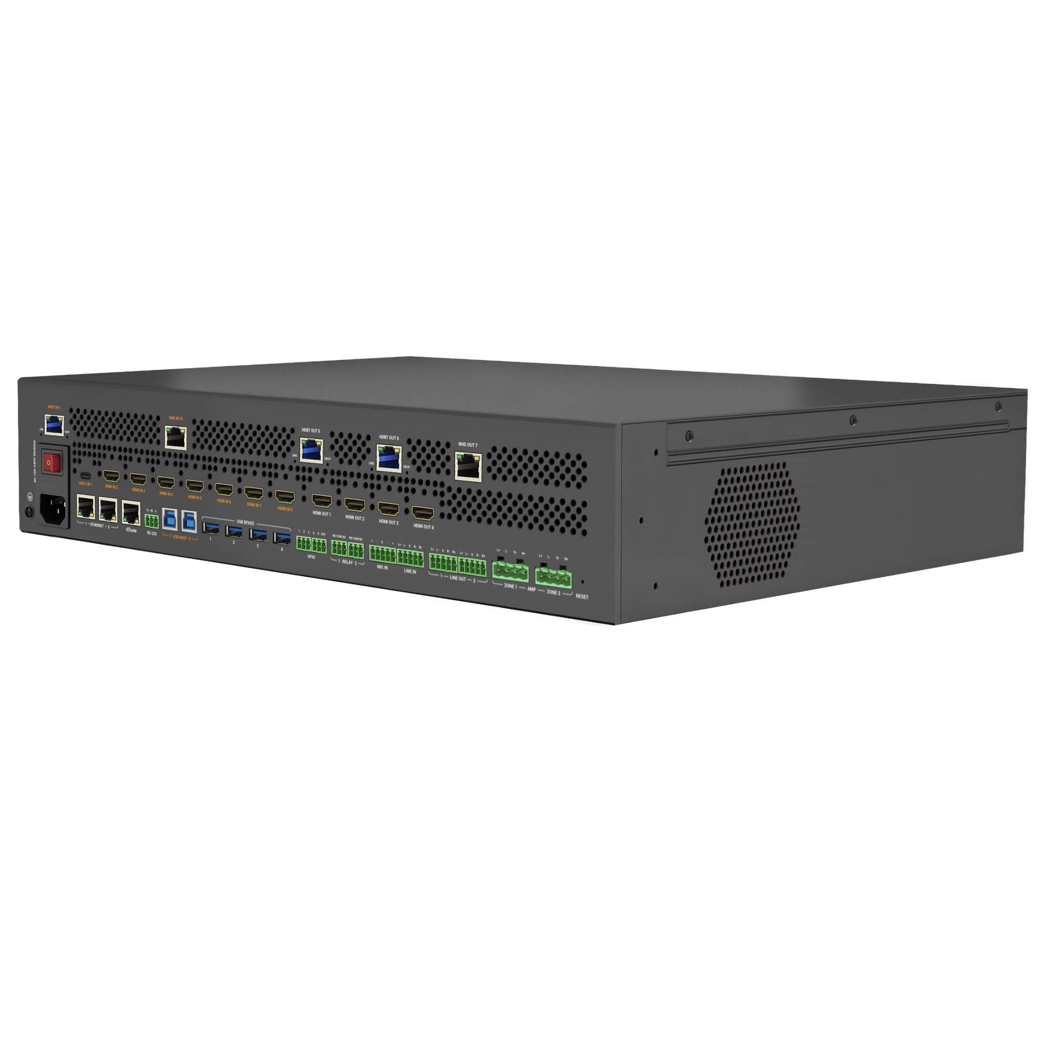 WyreStorm MX-1007-HYB - 10x7 Multi-Input Hybrid Matrix Switcher, rear angle