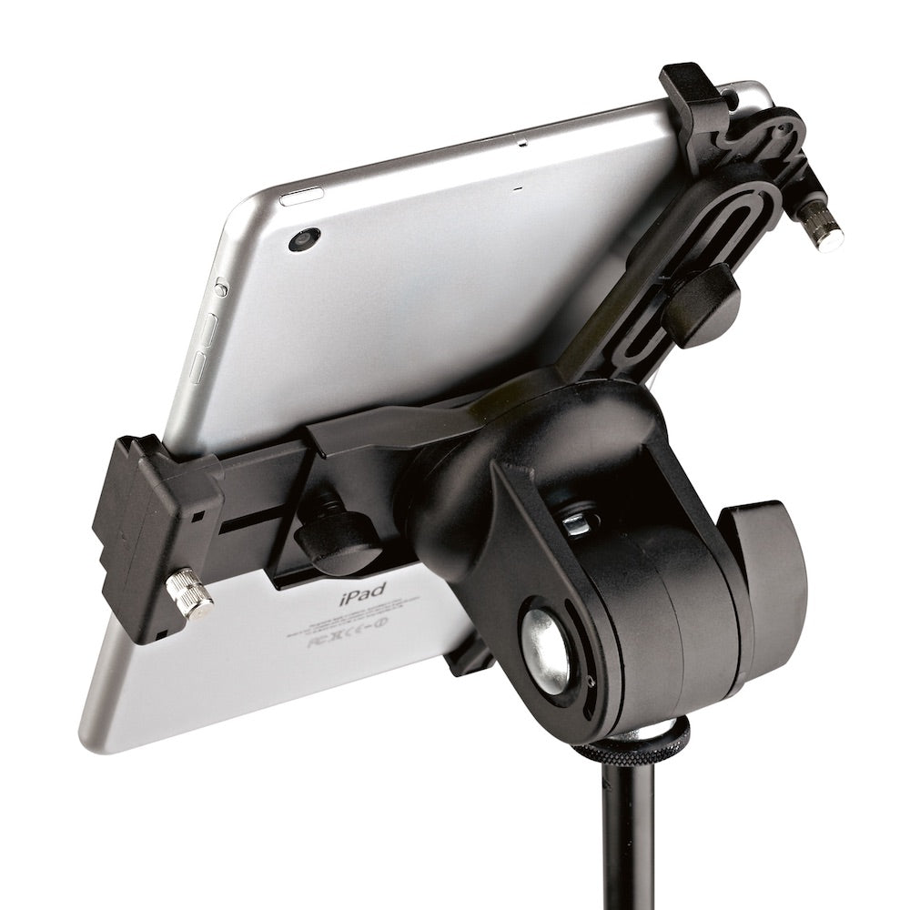 Konig & Meyer 19795 - Mini Universal Tablet Holder, Mic Stand Mount, iPad vertical, rear closeup