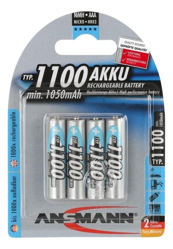 Ansmann AAA 1100 mAh Hybrid Rechargeable NiMH Batteries, 4-pack package