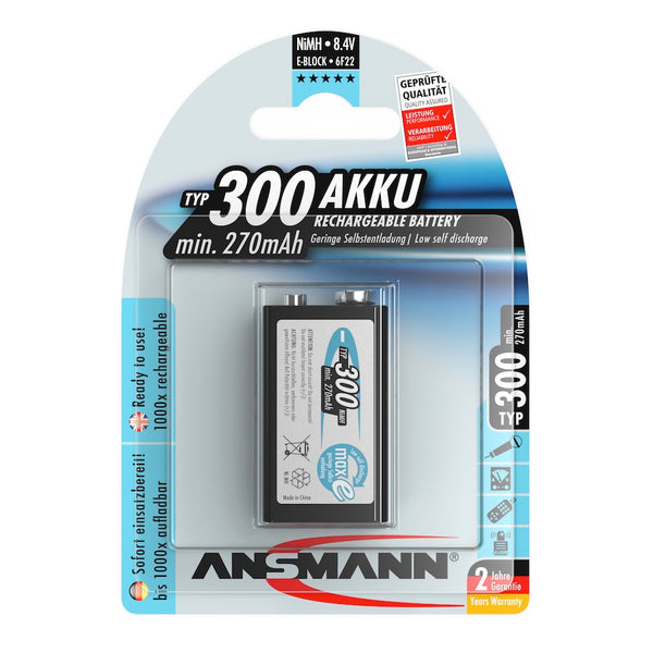 Ansmann 9V 300 mAh Rechargeable NiMH Battery package