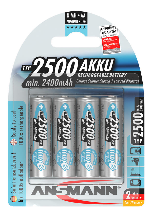 Ansmann AA 2500 mAh Rechargeable NiMH Batteries, 4-pack package
