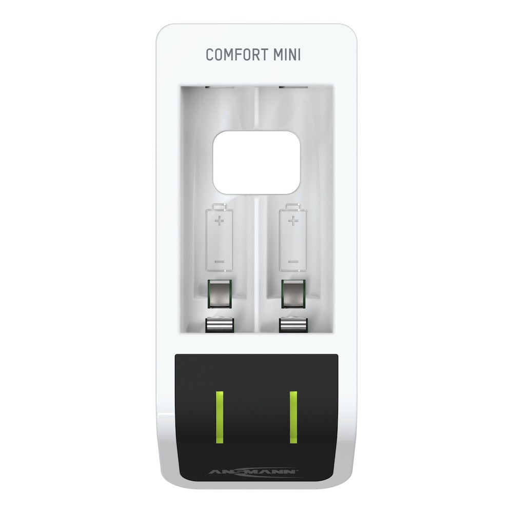 Ansmann Comfort Mini - USB Input Desktop Battery Charger, top view, LEDs on