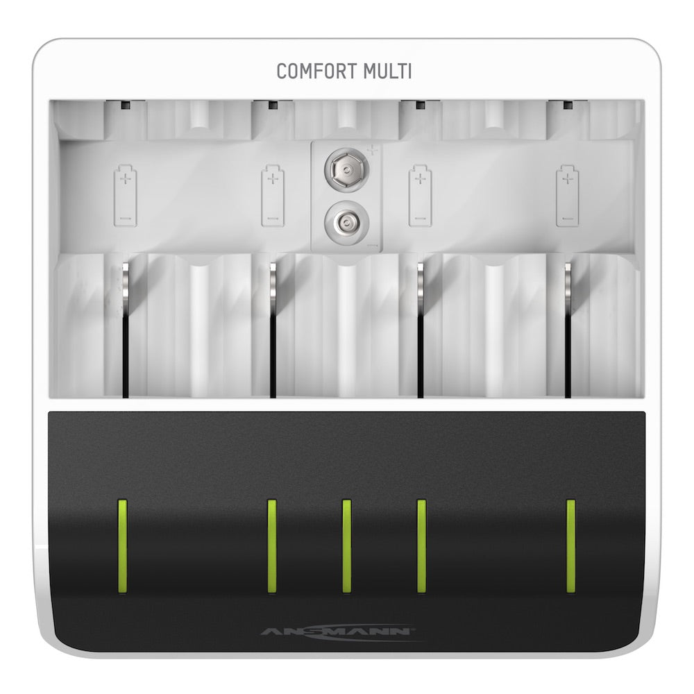 Ansmann Comfort Multi - USB Input Desktop Battery Charger, top view, LEDs on