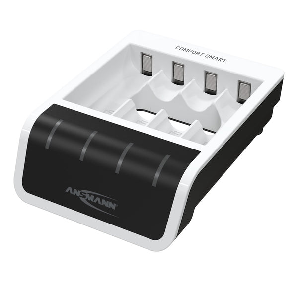 Ansmann Comfort Smart - USB Input Desktop Battery Charger, angle view, LEDs off