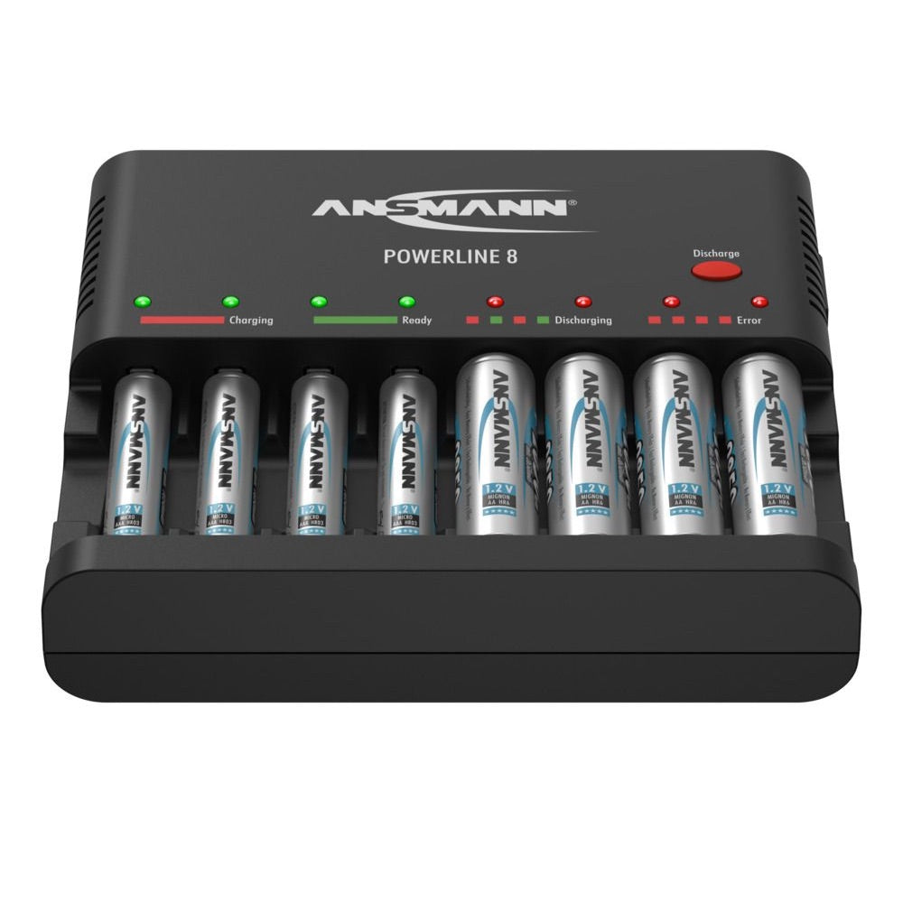Ansmann Powerline 8 - AA/AAA NiMH Battery Desktop Charger, front with batteries